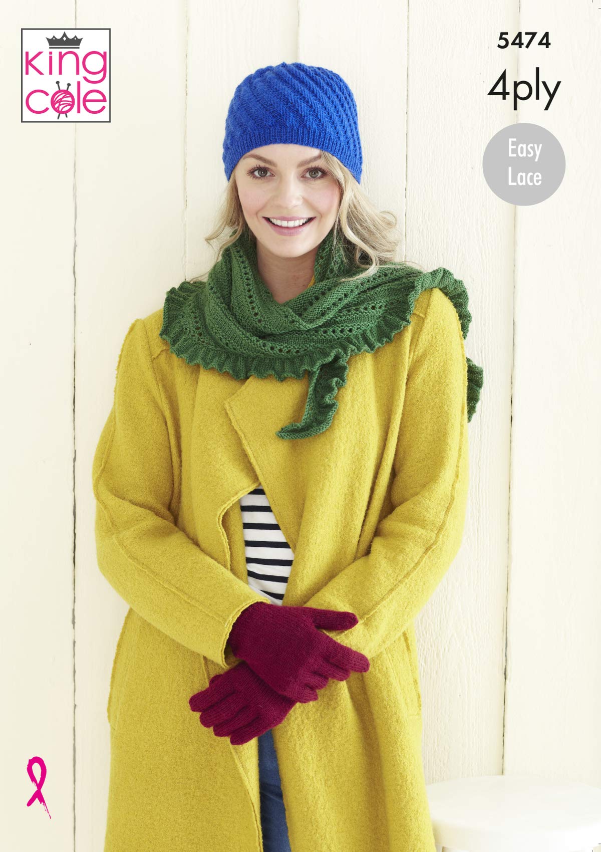 King Cole 5474 Knitting Pattern Womens Easy Lace Wrap, Gloves and Hat in Merino 4 Ply