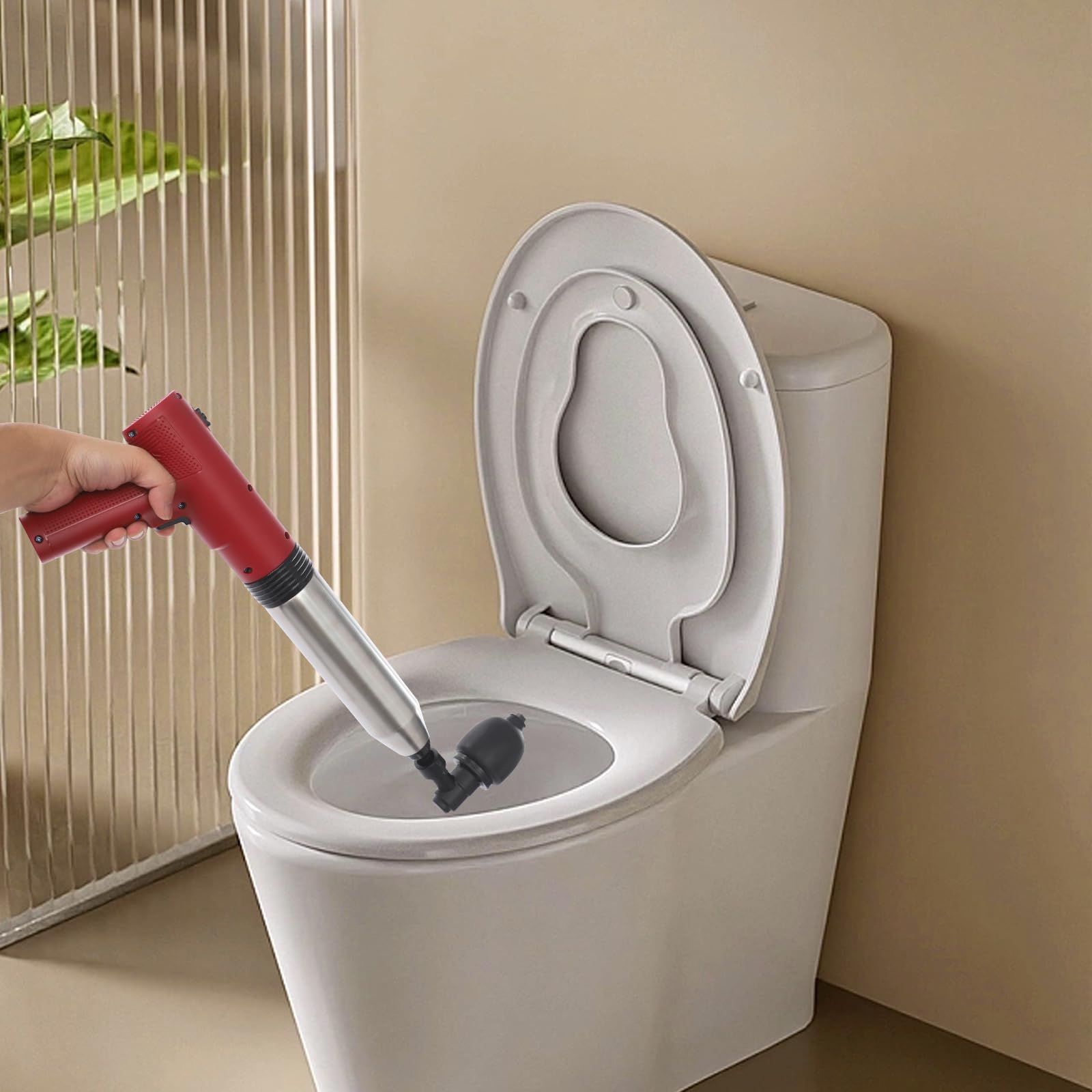 Elektrischer Abflussreiniger Pumpe mit 3 Austauschbaren Kolbenköpfe, Hochdruck-Luftstampfer Rohrreiniger mit Manometer, WC-Saugglocker Abfluss-Entstopfungsstampfer für Dusche, Toilette (Rot)