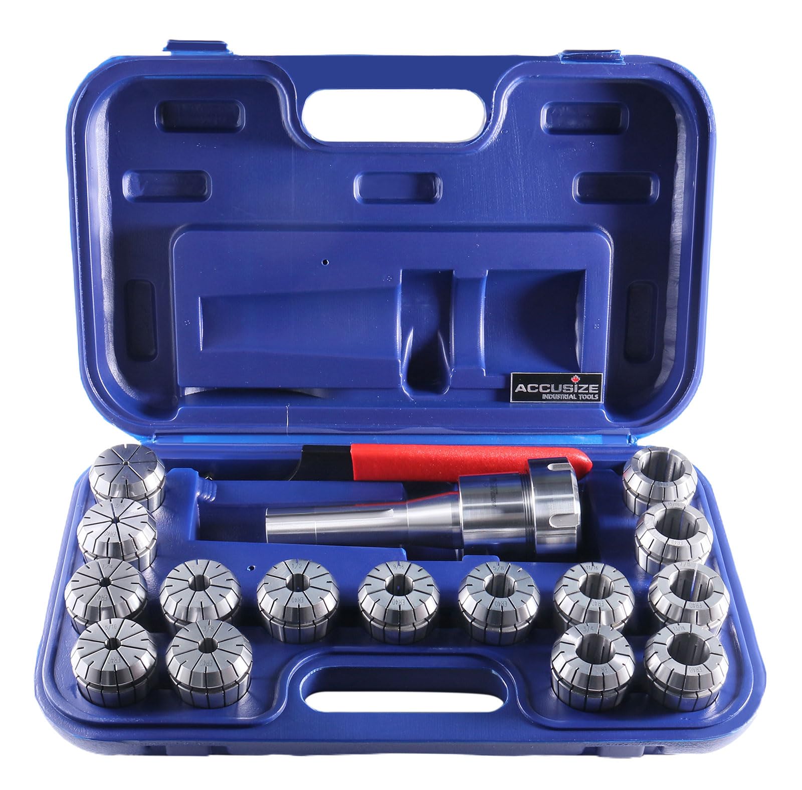 Accusize Industrial Tools - 15 Pc ER40 Precision Collet Set with R8 Bridgeport Shank Holder & Wrench, High Accuracy Tooling for Milling & Drilling, in