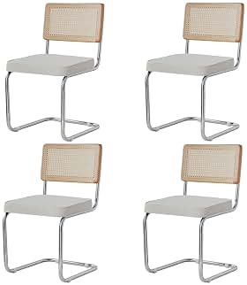 Pack 4 Sillas de Comedor Estilo Nórdico Silla Escandinava; Sillas de Cocina Modernas con Respaldo de Madera Maciza de Ratán y Asiento Tapizado (Blanco Polar)