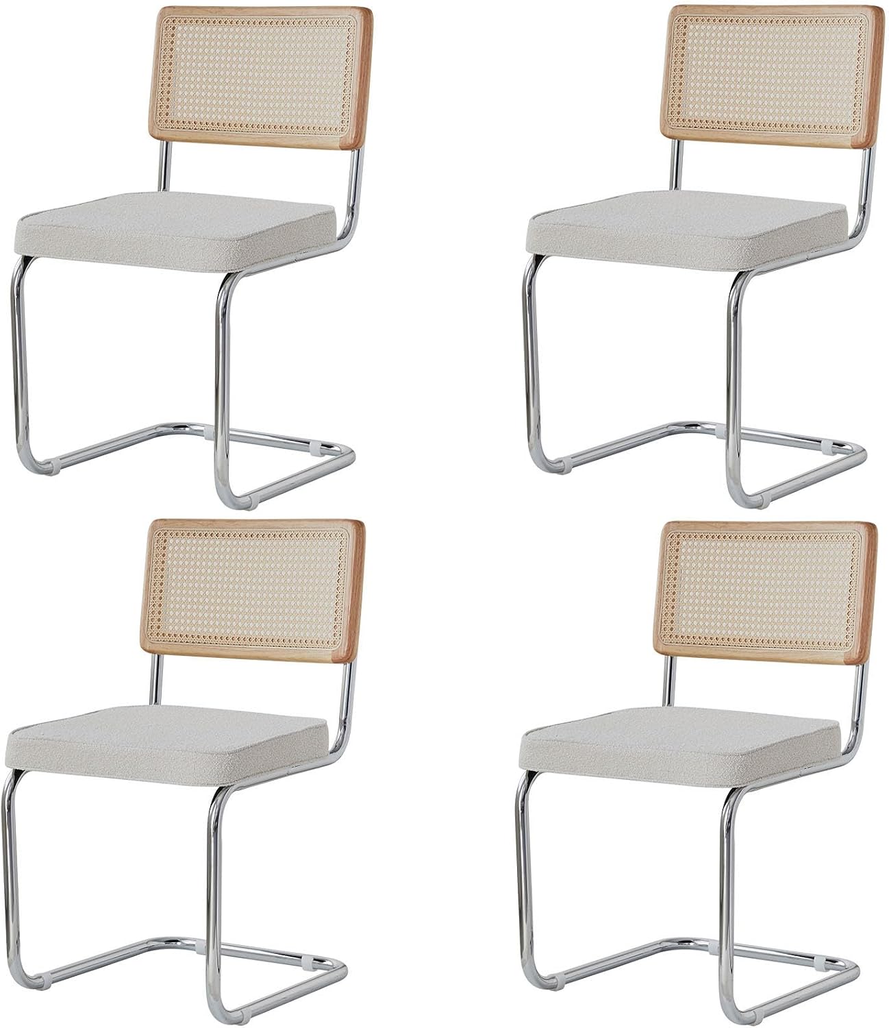 Pack 4 Sillas de Comedor Estilo Nórdico Silla Escandinava; Sillas de Cocina Modernas con Respaldo de Madera Maciza de Ratán y Asiento Tapizado (Blanco Polar)