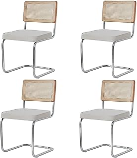 Pack 4 Sillas de Comedor Estilo Nórdico Silla Escandinava; Sillas de Cocina Modernas con Respaldo de Madera Maciza de Ratán y Asiento Tapizado (Blanco Polar)