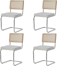 Pack 4 Sillas de Comedor Estilo Nórdico Silla Escandinava; Sillas de Cocina Modernas con Respaldo de Madera Maciza de Ratán y Asiento Tapizado (Blanco Polar)