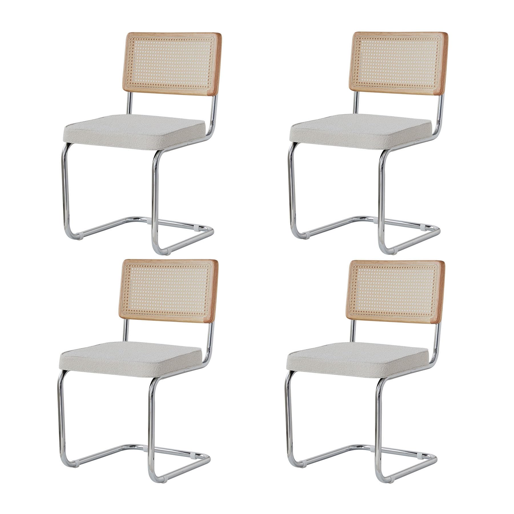 BenyLed Pack 4 Sillas de Comedor Estilo Nórdico Silla Escandinava; Sillas de Cocina Modernas con Respaldo de Madera Maciza de Ratán y Asiento Tapizado (Blanco Polar)