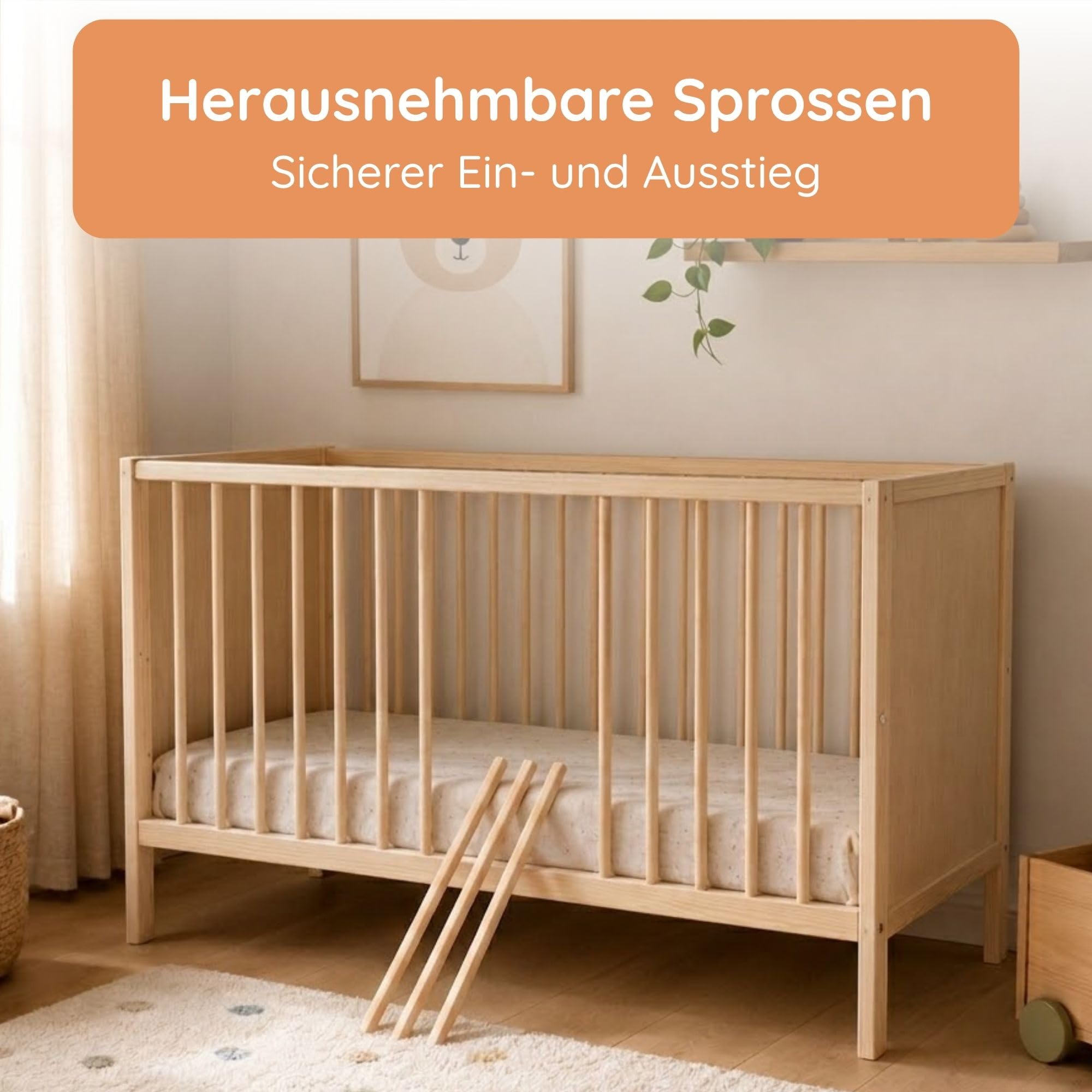 Kids Collective Babybett Kinderbett Beistellbett | Modulares Gitterbett Lattenrost 3-Fach höhenverstellbar & abnehmbare Sprossen | Baby Bett Holz Kinderzimmer | 120x60 cm | Natur