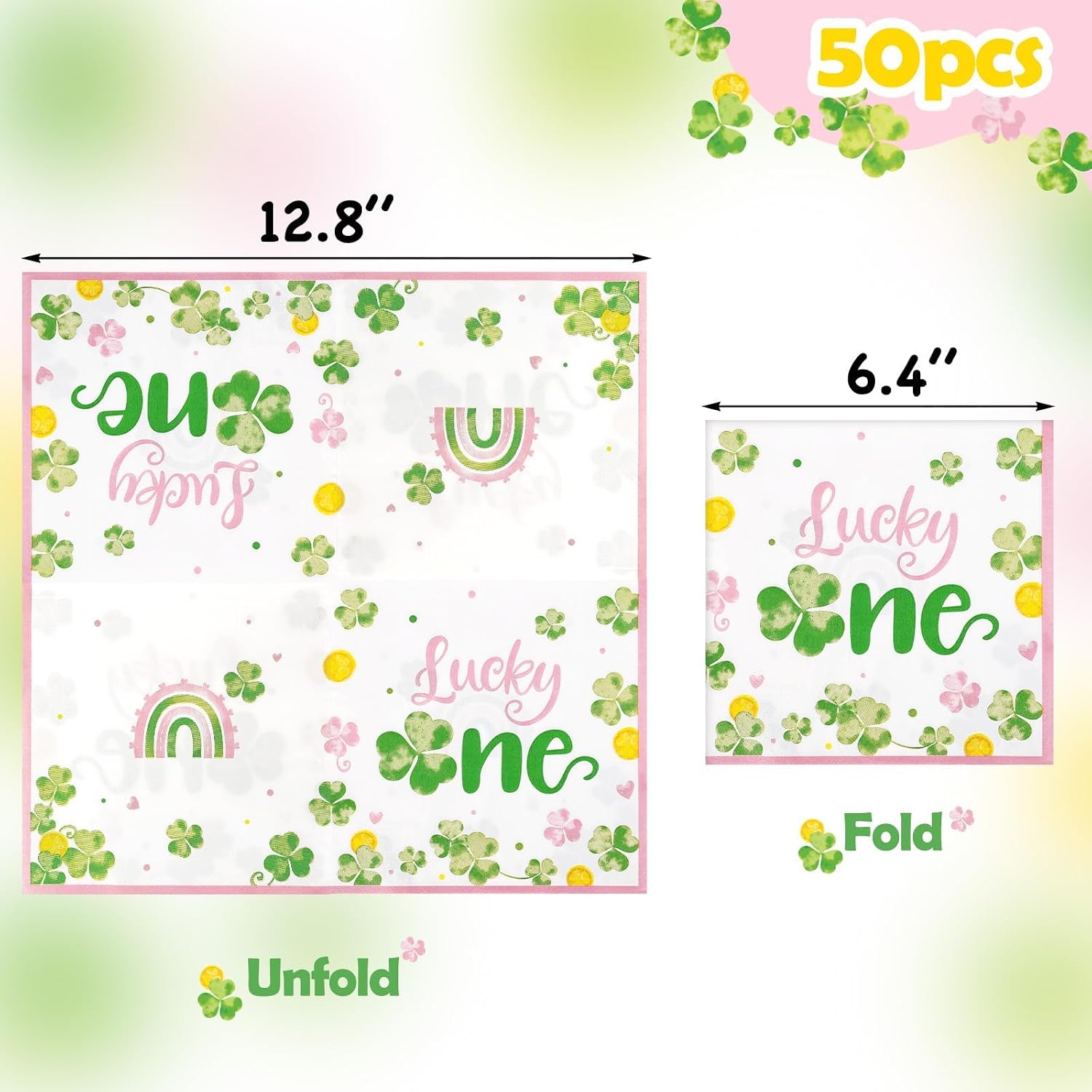 Nefelibata Lucky One Napkins 50Pcs, St. Patrick's Day Lucky One First Birthday Decorations for Girl, Shamrock Paper Napkins for Girl's Birthday Party, Pink Irish Table Decor
