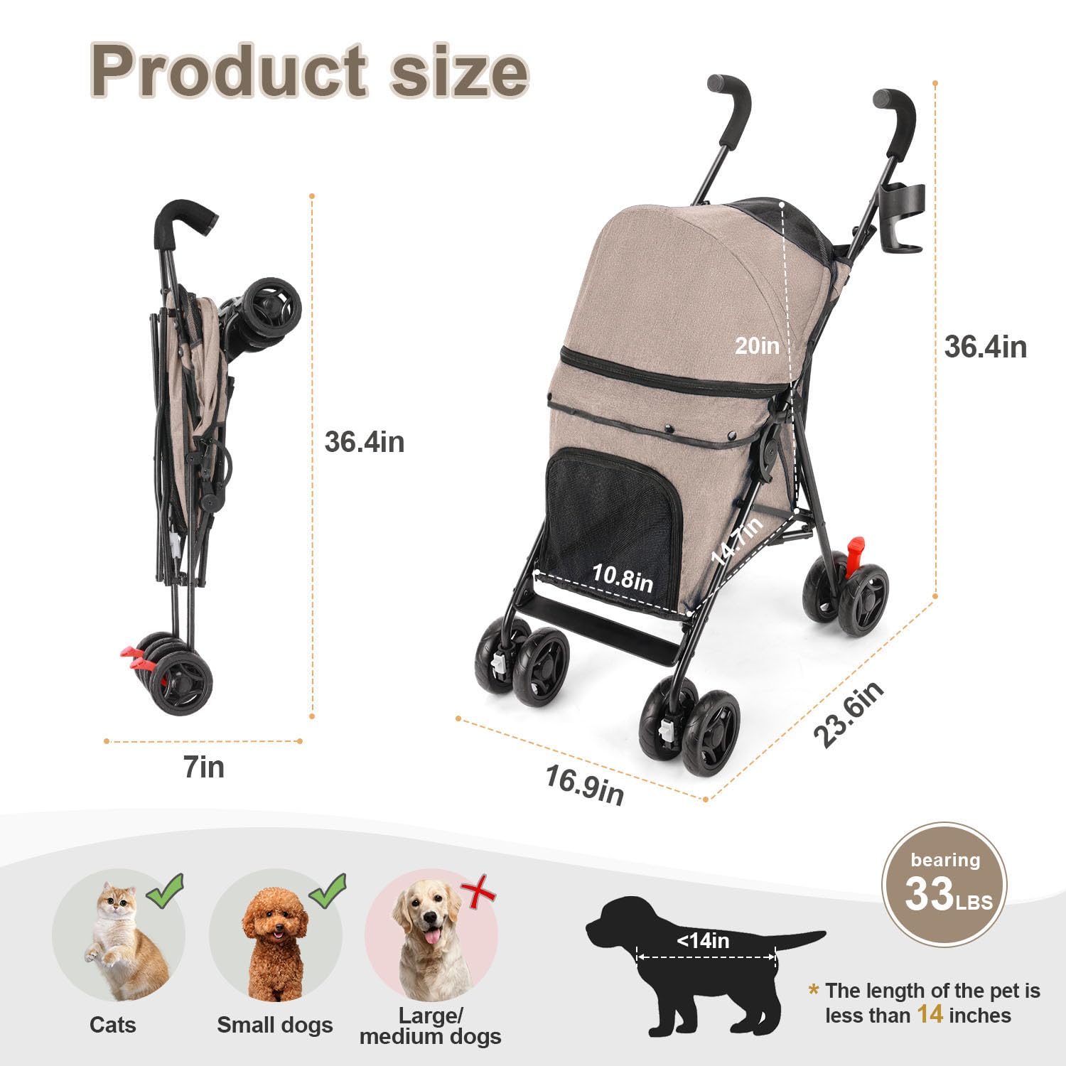 Poussette pour chiens de taille moyenne, poussette pliable pour chiots de petite taille jusqu'à 15 kg, 4 roues avec porte-gobelet, roues avant rotatives à 360° pour promenade en plein air