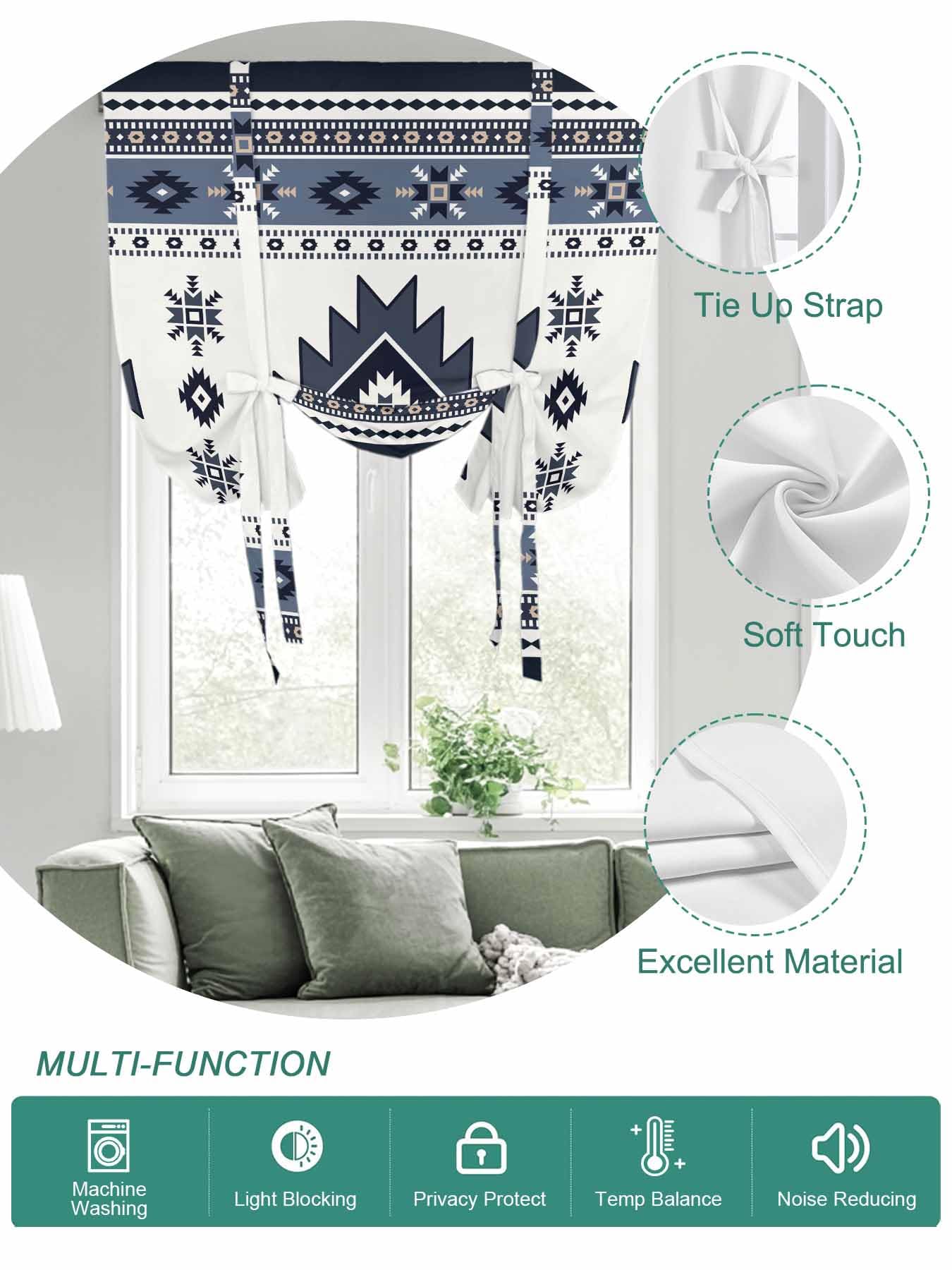 Tie Up Curtains for Windows Dark Blue Boho Roman Shade 46 x 63 Inch Bathroom Curtains Window Farmhouse Neutral Abstract Geometric Rod Pocket Short Balloon Curtains for Living Room Kitchen Small Blinds