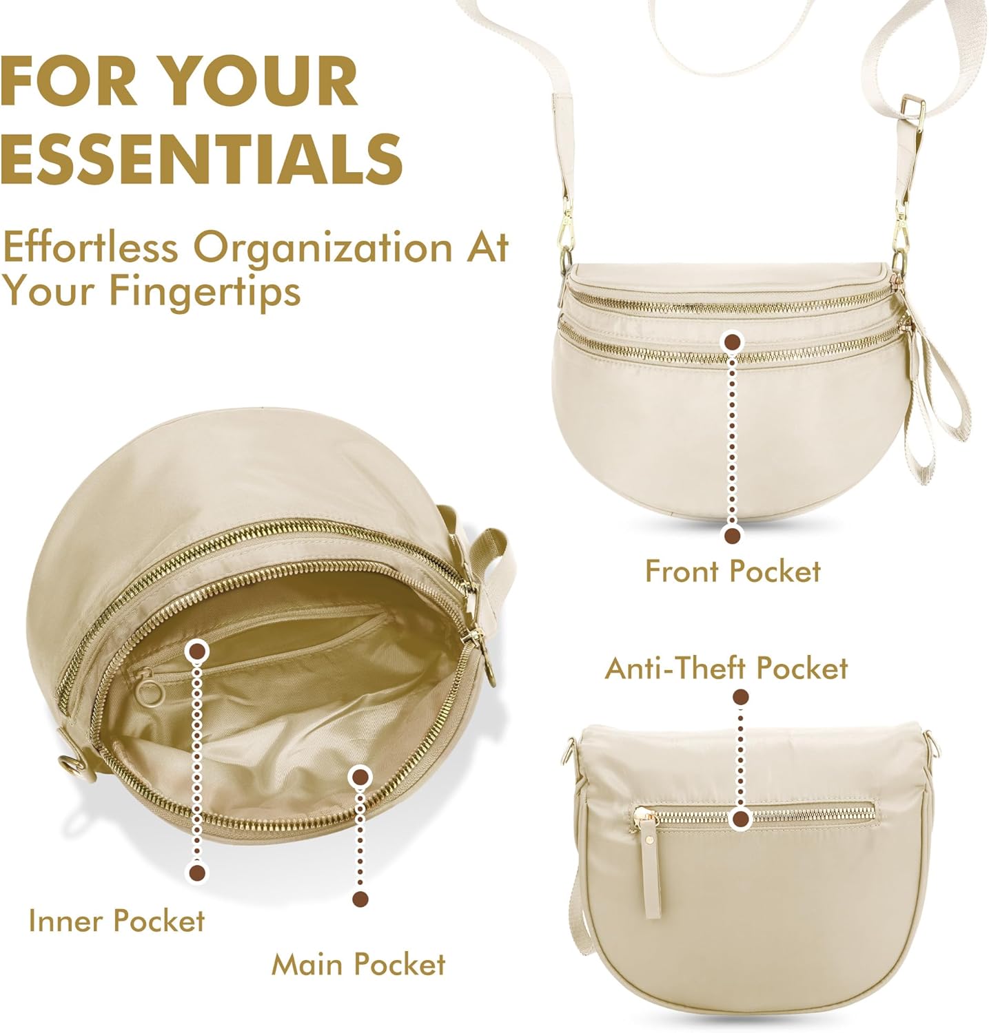 Crossbody Bags Bum Bag For Women, Large Nylon Fanny Packs, Sling Bag, Belt Bag with Adjustable Strap, Beige - Image 7