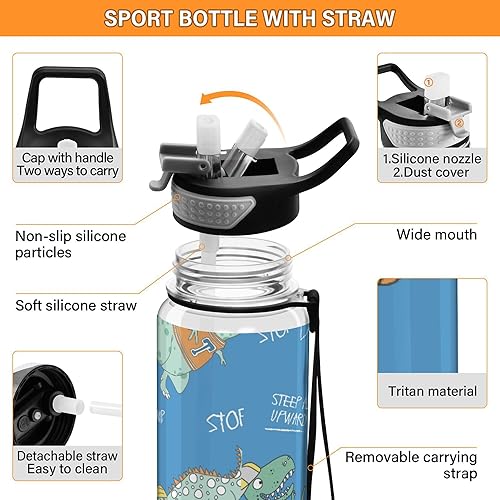 Miniatura 4 de Hand Drawn Cool Dinosaur Blue 32 oz Sport Water Bottle with Straw 1000ml Simple Modern School Water Bottle for Men Running