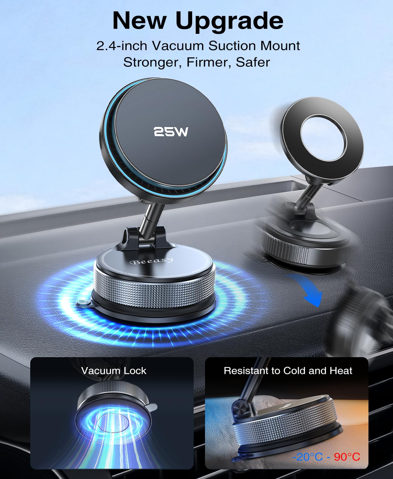 Beeasy Do ładowarki samochodowej 25 W Qi2.2 z wentylatorem chłodzącym, przyssawka próżniowa regulowana 360° samochodowa ładowarka magnetyczna, bezprzewodowa ładowarka samochodowa z adapterem 63 W do