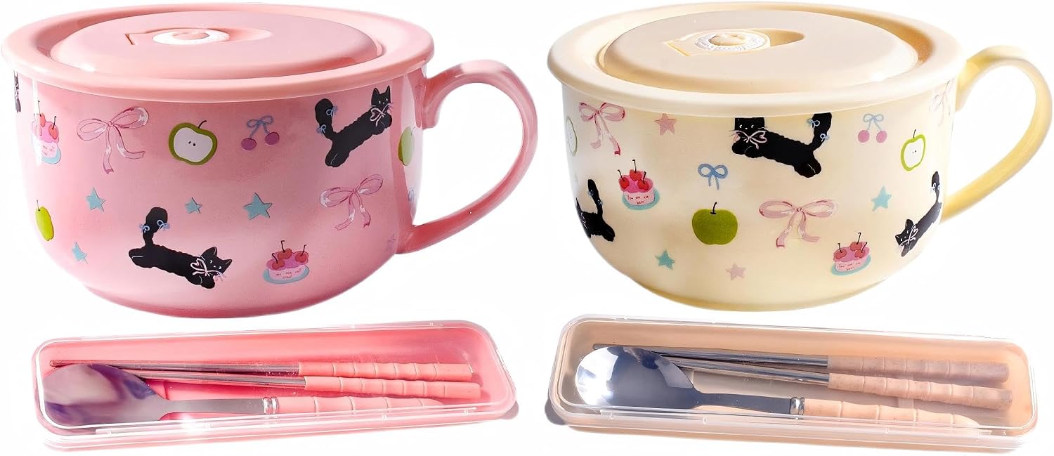 Ceramic Instant Noodle Bowl Set of 2 Styles, Black Cat Pattern Soup Bowls with Lids and Utensils, Microwave Safe Ramen Bowls for Home, Office and Dorm