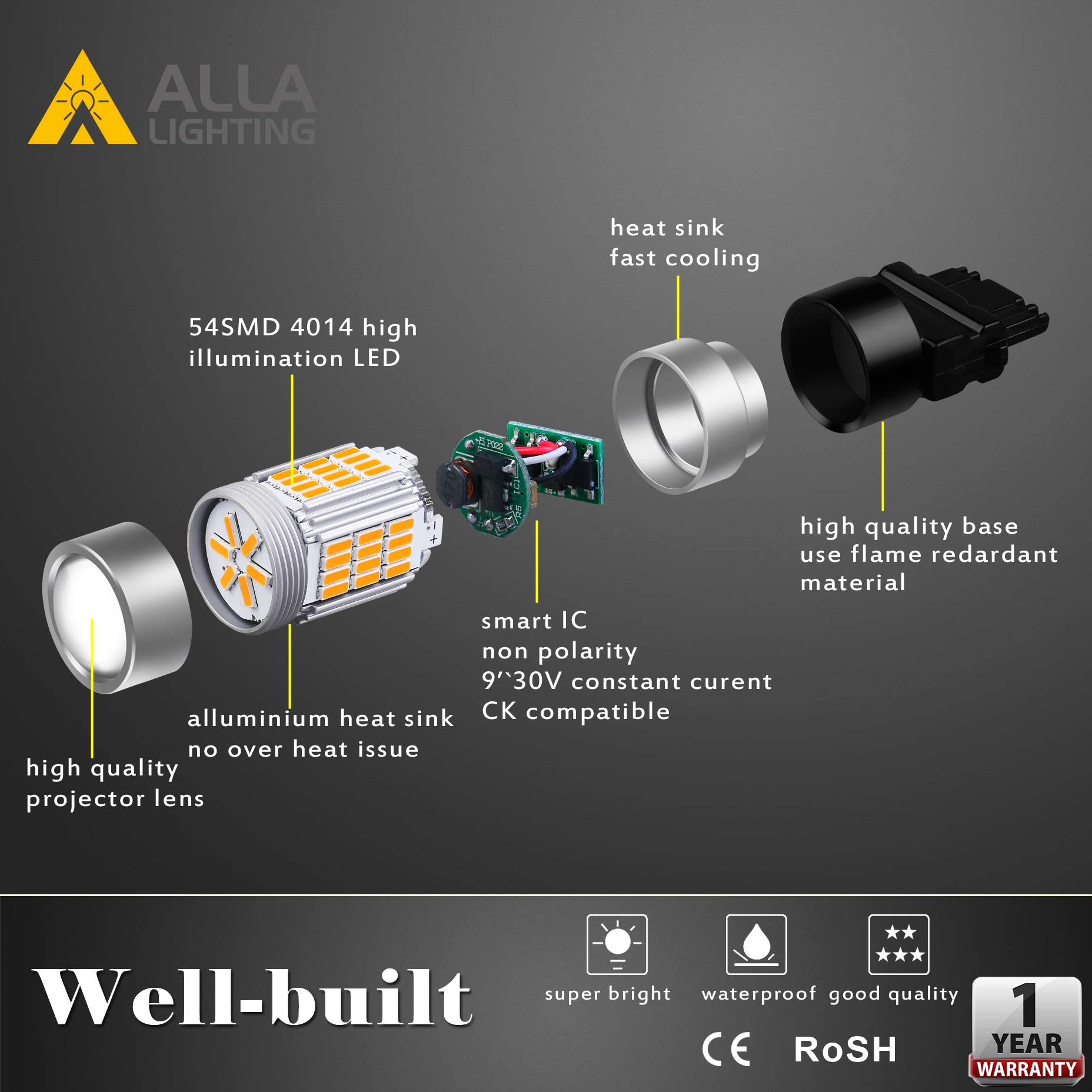 Alla Lighting Super Bright T25 Wedge 3156 3157 LED Amber Yellow Turn Signal Lights 3457 4157 3457NA 4157NA 5702NAK 3157A 3757 3056 3057 4057, High Power 4014-SMD Blinker Lamps