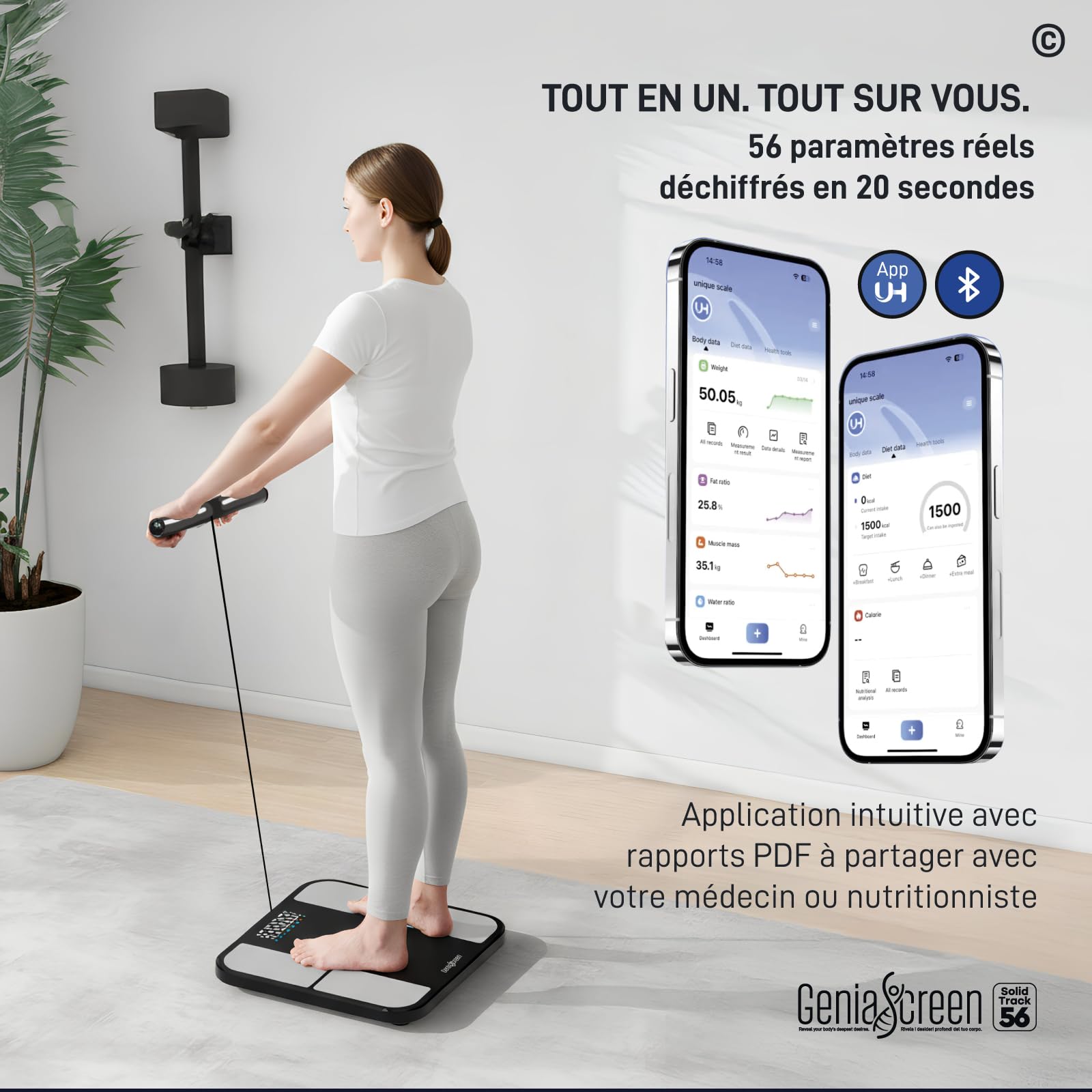 Balance Impédancemètre Connectée Bluetooth Pèse Personne Électronique GeniaScreen SolidTrack en Verre Trempé Max 180Kg - 8 Électrodes 56 Données Corporelles pour Masse Musculaire Graisse IMC