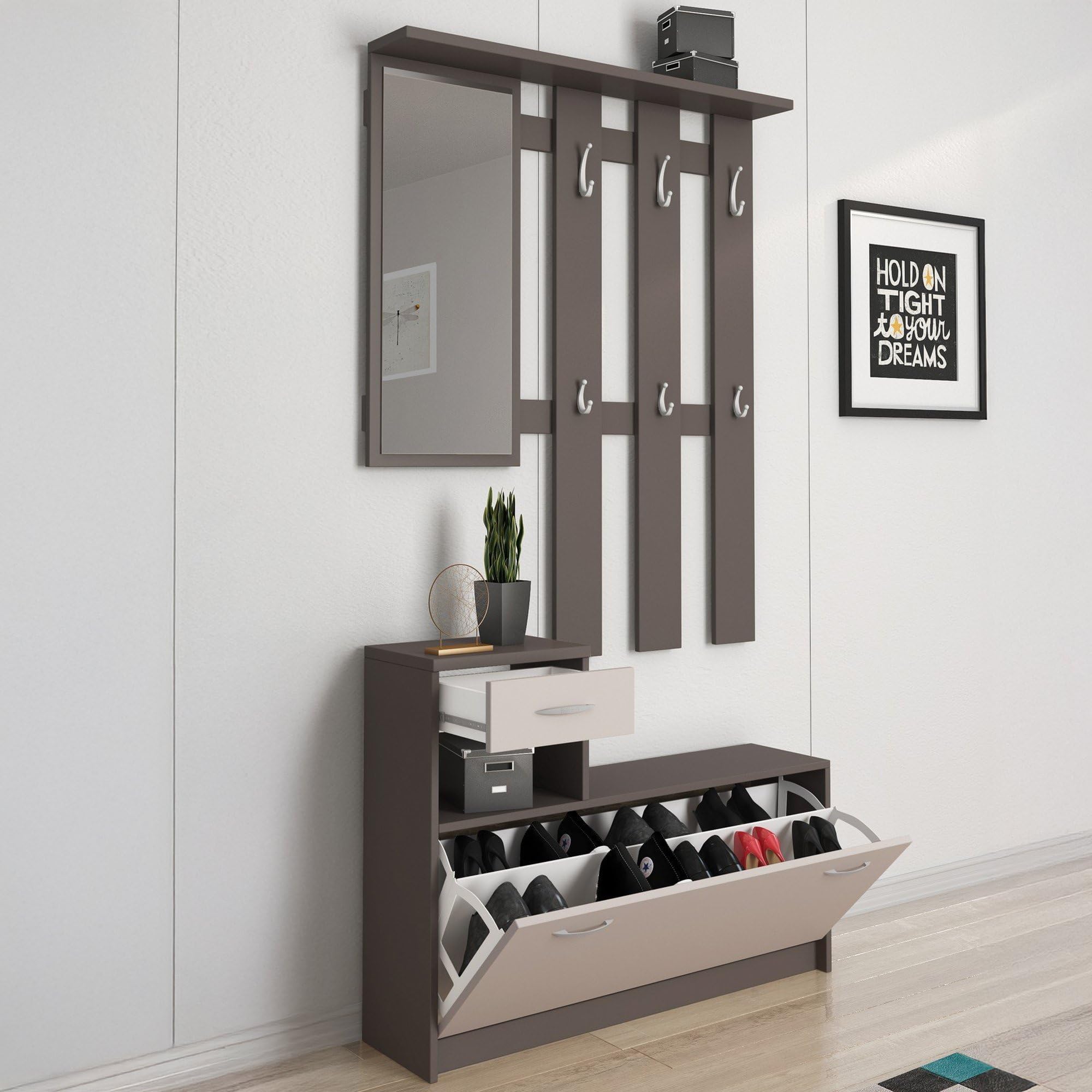 Dmora Mobile da Ingresso Sargassi 25.5x100x190h cm Beige Specchio Incluso 8 Paia, 2 Ripiani