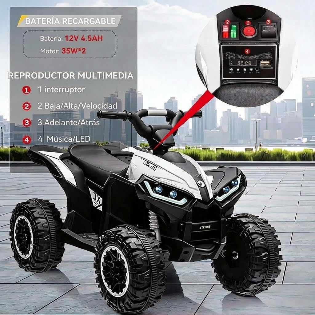 Garvee Quad Électrique Enfant 12V, Voiture Électrique pour Enfants avec LED Et Musique, 2 Vitesses 3-6 km/h, Klaxon, ATV pour Enfants 3+ Ans 83x 53x 56 cm