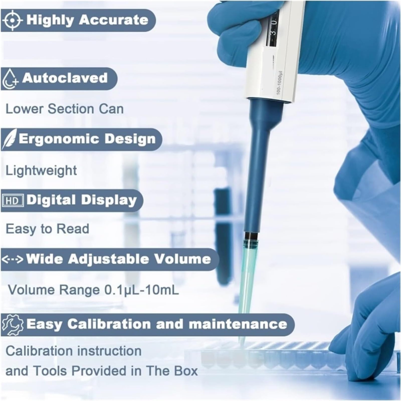 Pipeta Pipeta De Laboratorio 0,1-1000ul Equipo Plástico Ajustable Con Micropipeta Digital Un Solo Canal para laboratorio(5-50ul)
