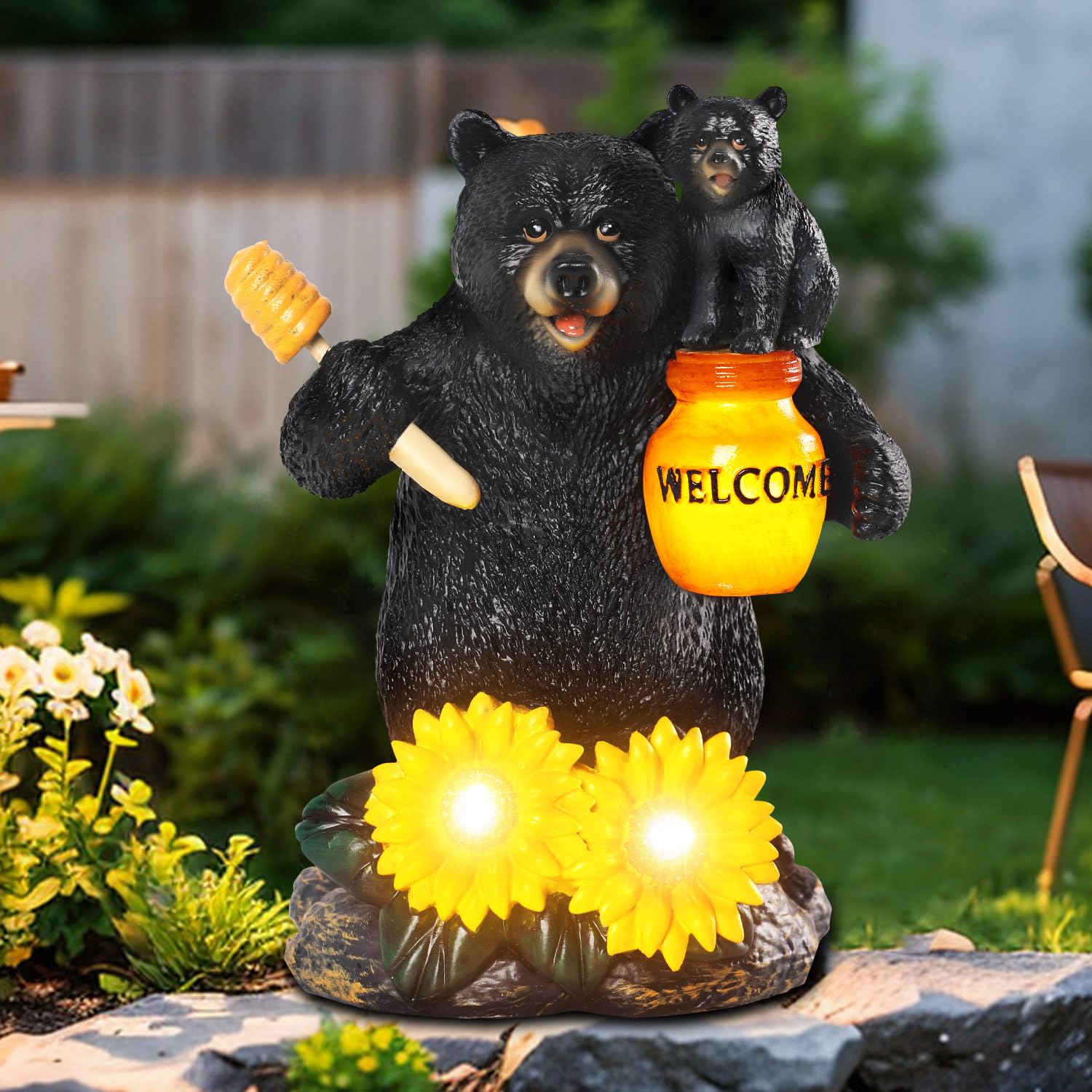 Décoration De Jardin Solaire - Statues D'ours En Résine De 18 Cm Avec Panneau De Bienvenue - Imperméable - Décoration D'ours Noir Pour Extérieur, Cour, Patio, Porche, Cadeau Pour Maman, Grand-mère
