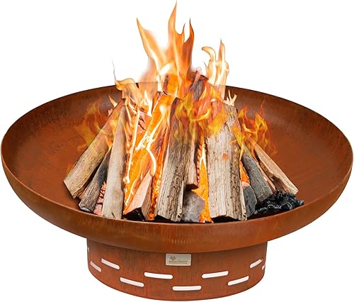 KOL Fogata de 35 pulgadas de diámetro - Chimenea redonda de acero Corten pre-oxidado con soporte, chimeneas de leña de acero resistente para