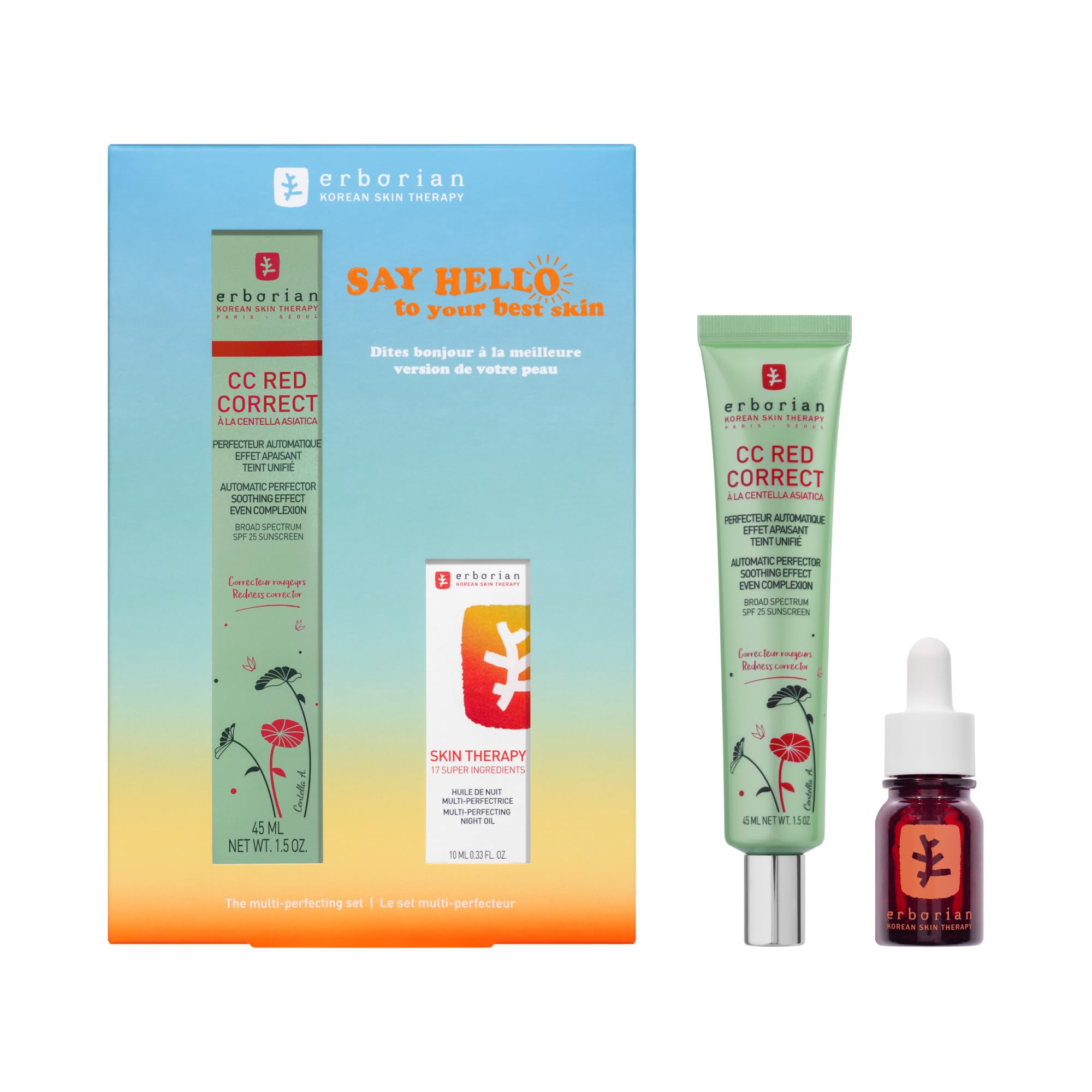 ERBORIAN | Coffret Duo Multi-​Perfecteur Anti-​Rougeurs | CC RED CORRECT 45ml & Skin Therapy Huile-​Sérum Nuit 10ml | Soin Visage Jour & Nuit | Pour peaux claires sujettes aux rougeurs