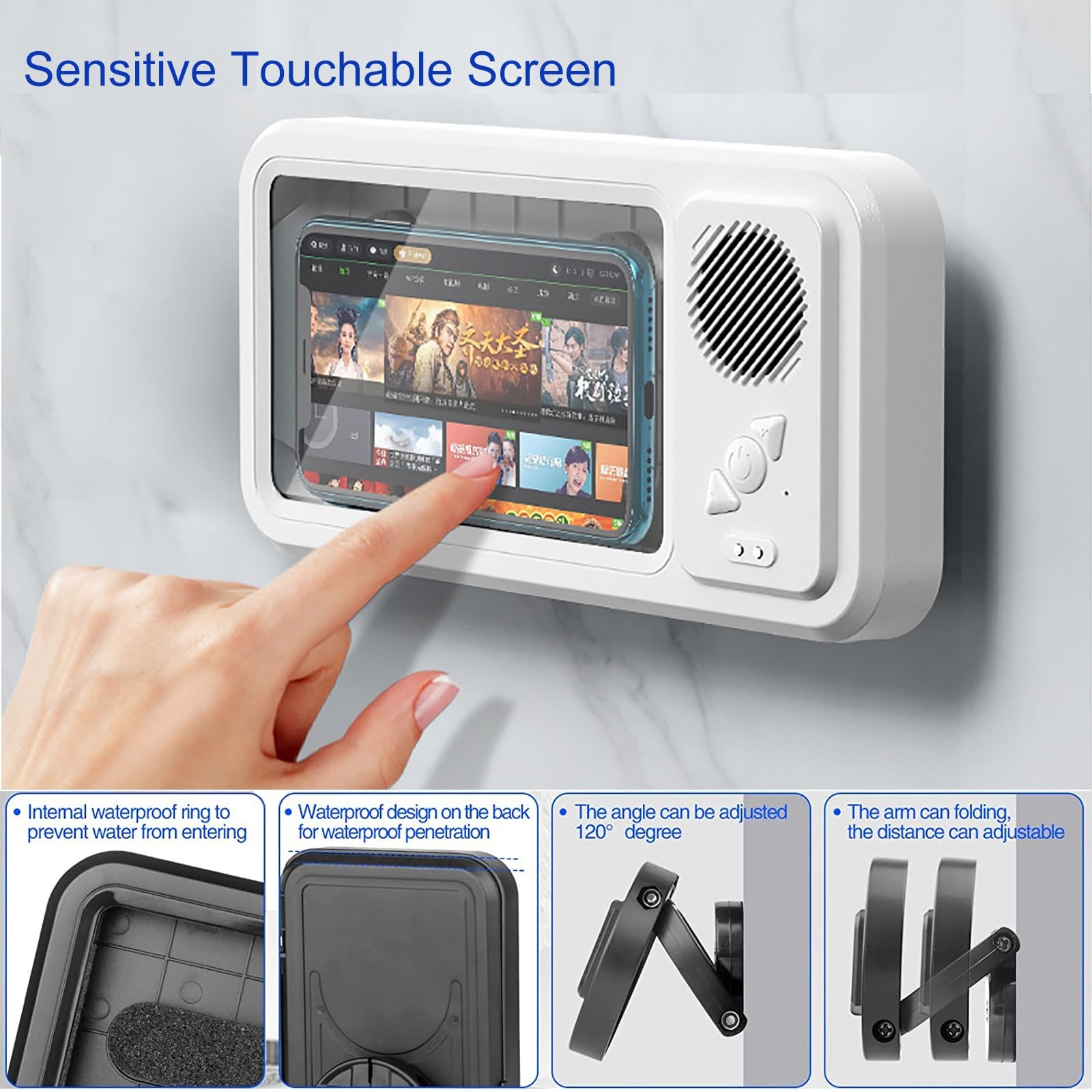 Supporto impermeabile per telefono da doccia, con altoparlante Bluetooth e touchscreen anti-appannamento, supporto da parete per tutti i telefoni cellulari