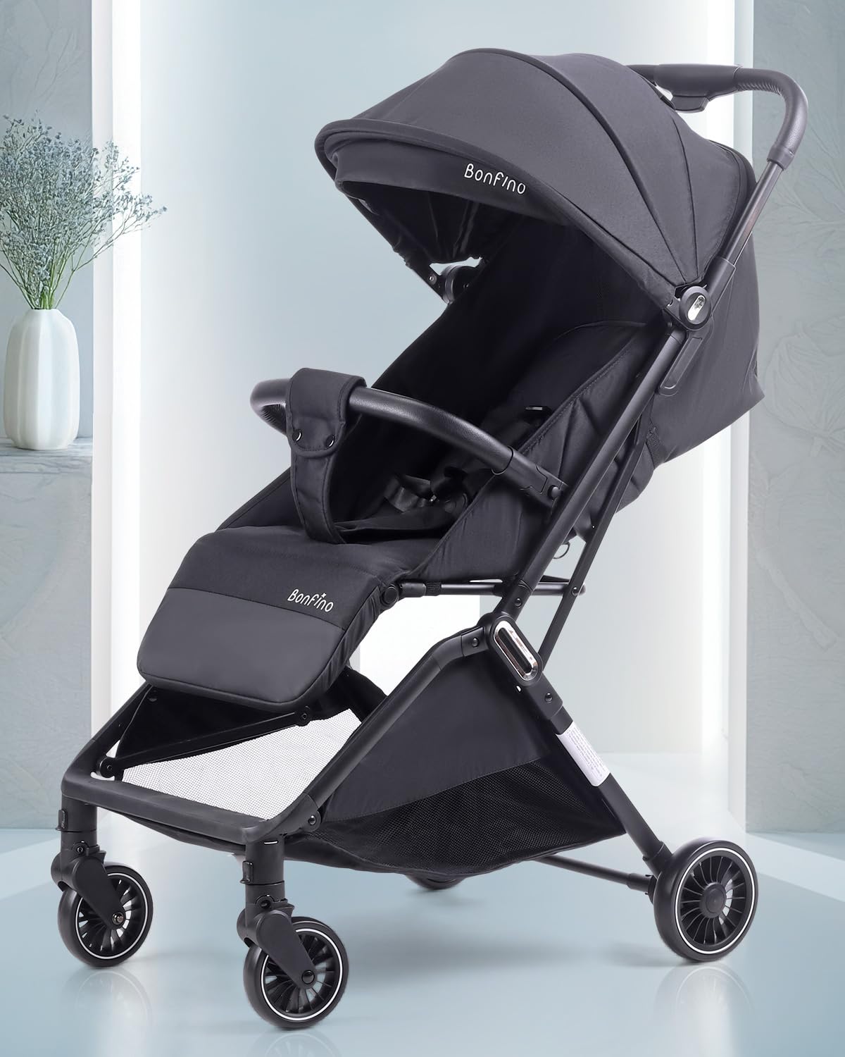Bonfino AirLuxe Premium Cabin Baby Stroller with Compact Tri-Fold,Reclining Backrest&5-Point Safety Harness,Lightweight Pram for Baby,Baby Stroller for 0-3Years with Storage Basket&Swivel Wheels,Grey-image-22