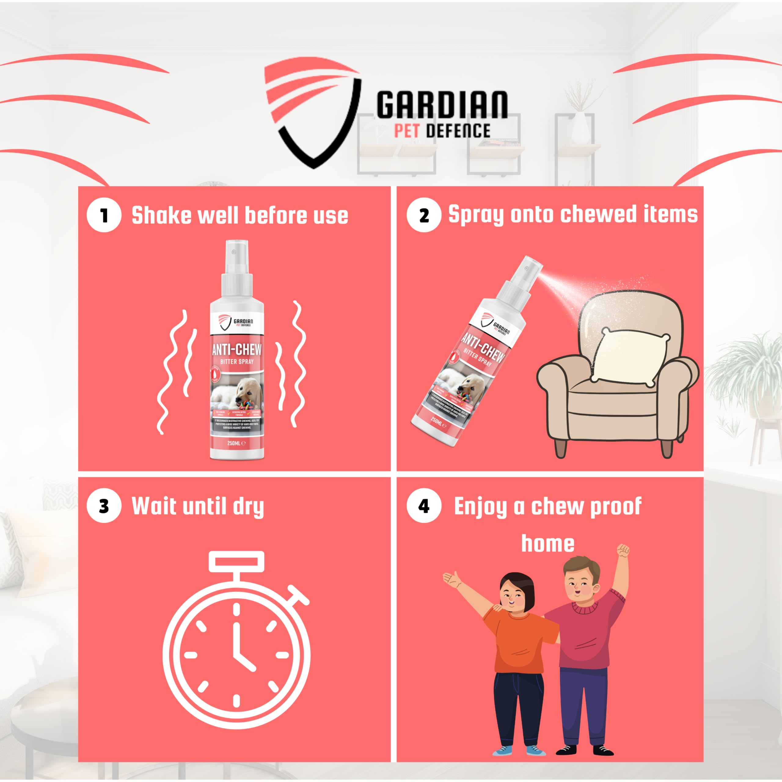 Gardian Spray anti masticazione per cani, formula amara, deterrente e repellente per cani, blocca mobili, corde e zampe, aiuto per l'addestramento dei cuccioli, 250 ml