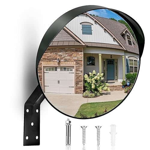 CHIUHEI 12-Inch Convex Security Corner Mirror (Clear View) - Adjustable Fixing Bracket, Wide Angle, Indoor and Outdoor Use - Ideal for Warehouse, Office, Parking Garage, and Traffic Safety (Black)