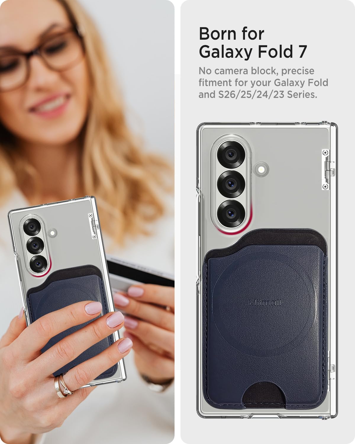 Miimall Portafoglio Mag-Safe per Samsung Galaxy S25 S24 FE/Plus/Ultra/Z Fold 7/iPhone 17 16 15, portafoglio sottile in pelle con 3 scomparti per carte, porta carte magnetico per cellulare, Blu