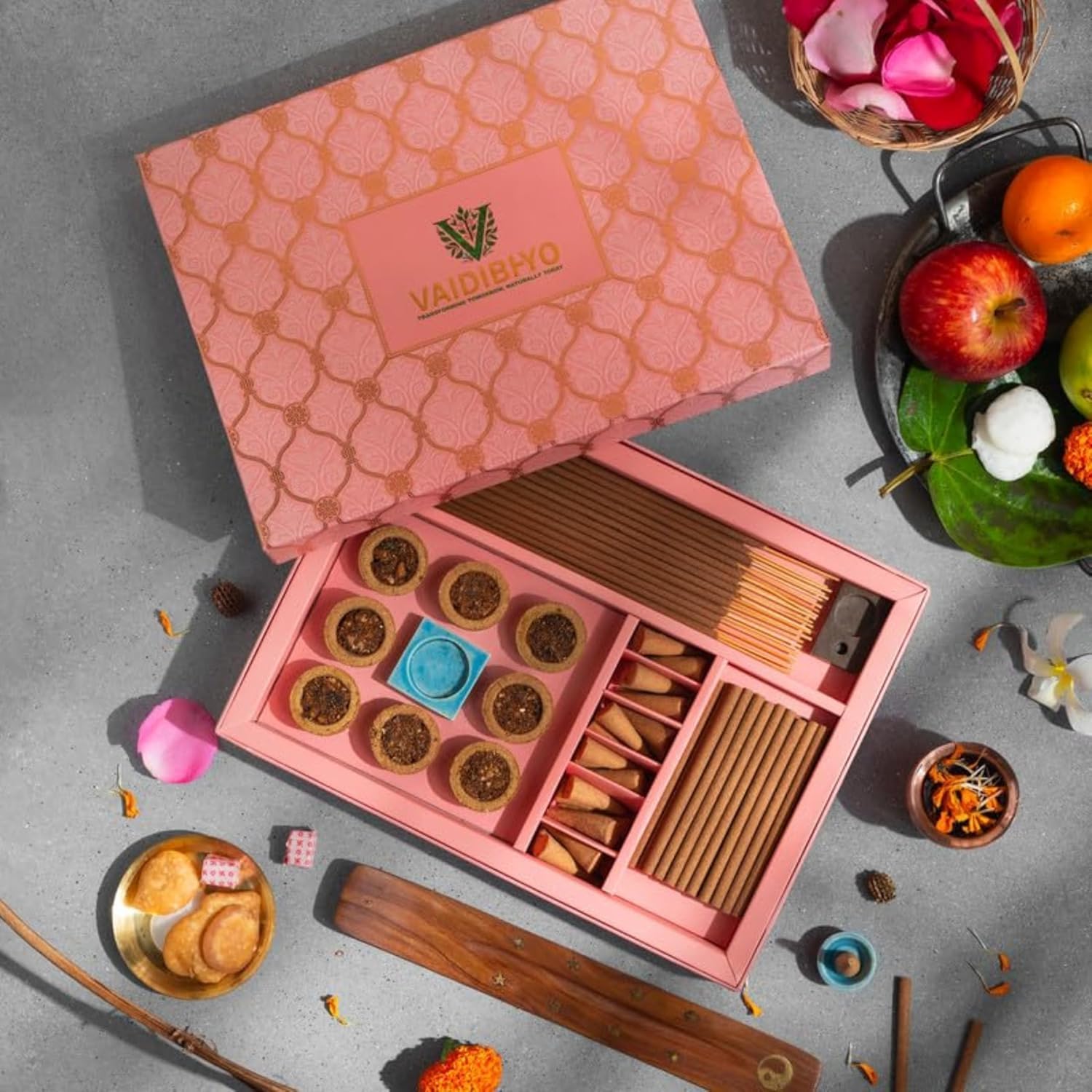 Luxury Incense Mixed Products Pack with Agarbatti, Dhoop Cones & Guggul Havan Cups | Herbal Phool Dhoop for Daily Pooja, Meditation & Rituals | Long Burning Time Stick (Rose/Dhuna)