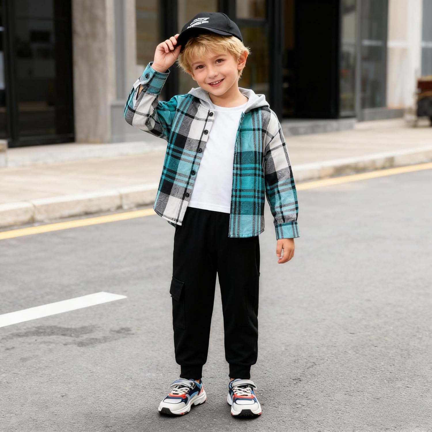 Toddler Boys Clothes 2 Piece Sweatsuit Set Flannel Plaid Shirt Hooded and Pants for Fall Winter 2-6Years - Image 2