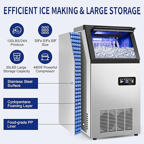 Miniatura 4 de Máquina comercial para hacer hielo de 120 libras24 horas con contenedor de almacenamiento de 35 libras 2 modos de entrada de agua máquina de hielo