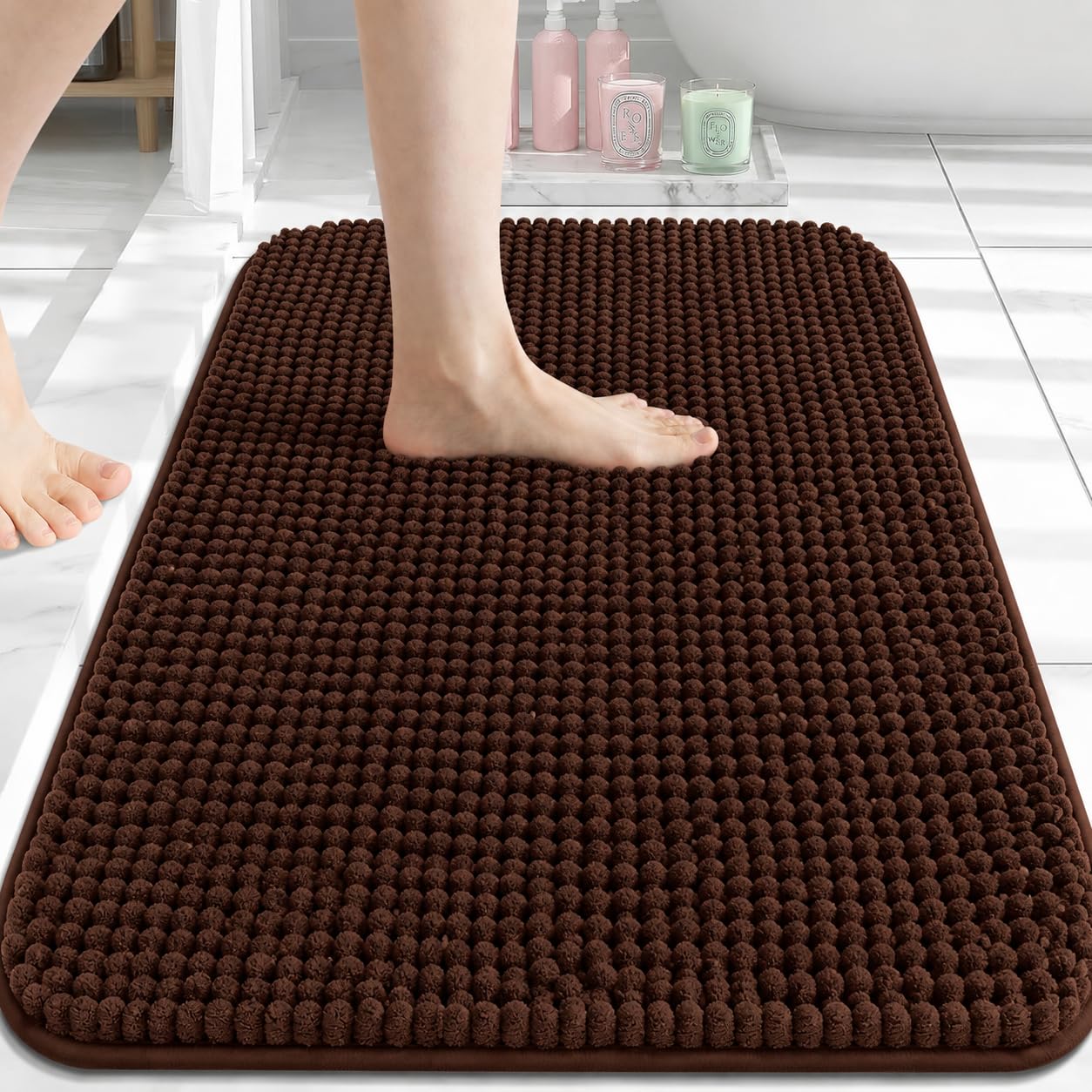 AMEHA Bath Mat Non Slip Anti Mould Brown 60 x 90 cm Chenille Bathroom Mat Soft & Fluffy Bath mats Super Water Absorption & Machine Washable Shower Mat — image 1