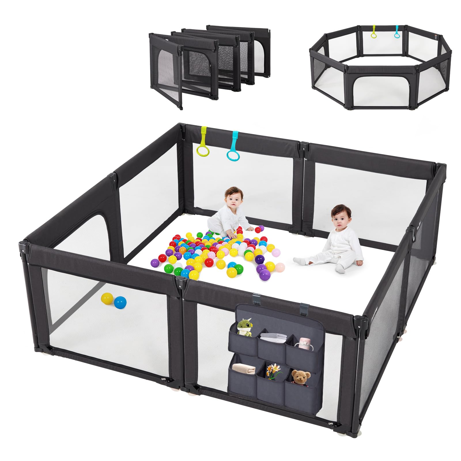 Foldable Baby Playpen, Shape & Size Adjustable Playpen for Toddler, 79x71 Large Play Pens Safety Mesh Foldable Playard for Babies, Portable Baby Fence