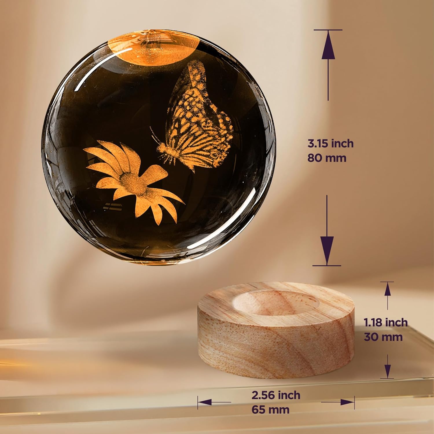 3D Crystal Ball Night Light with Wooden Base, 3.15" Butterfly & Flower Figurine Glass Lamp with 16 Colors, Cute Desk Decor for Bedroom Gifts - Image 3