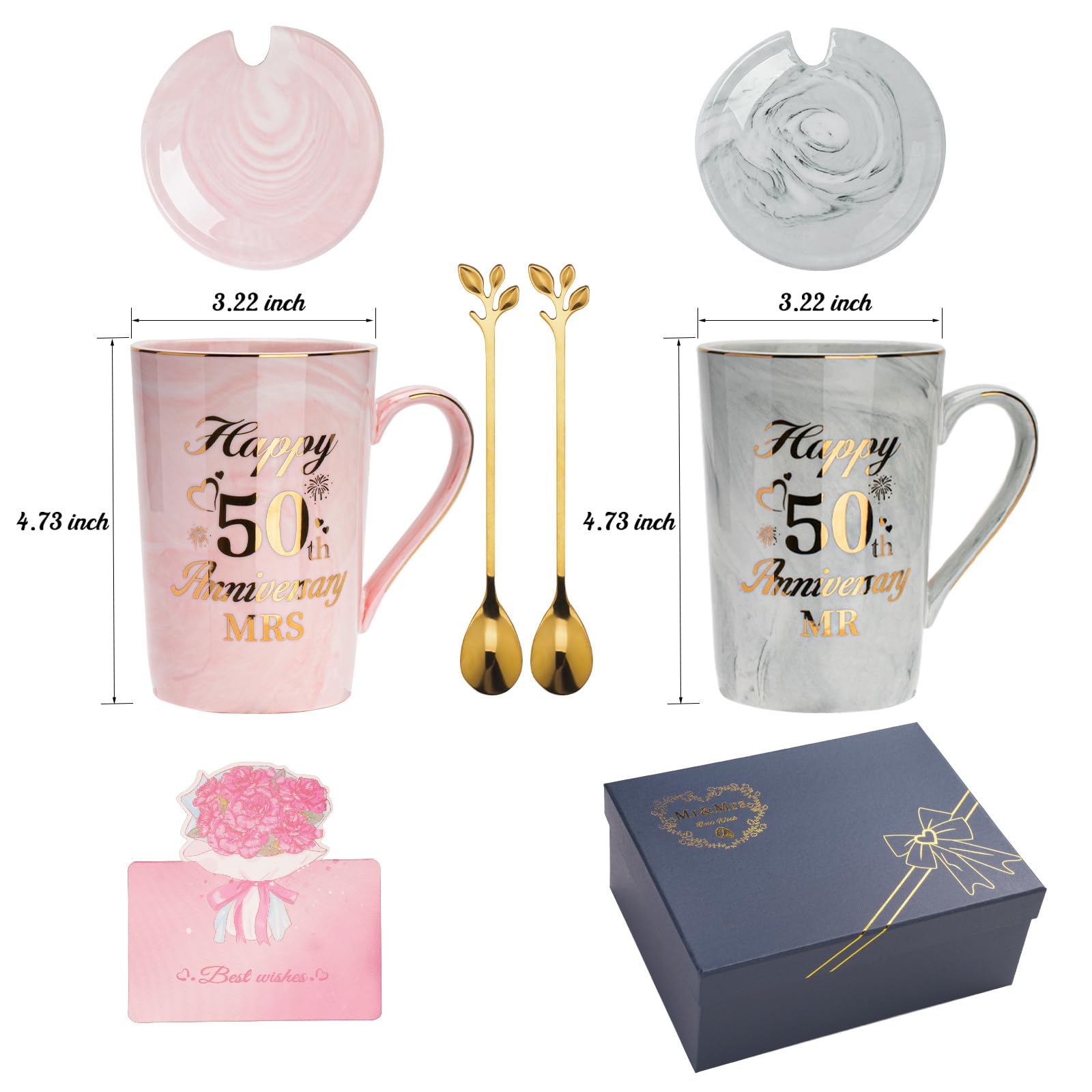 Regalos 50 Aniversario Boda, Regalos para Bodas de oro 2PCS Tazas 400ml, 50 Aniversario Bodas or-o, Bod-as de 50 Aniversario Cerámica Jaspeada Taza con Cucharas, Tarjetas, Cajas de Regal-o