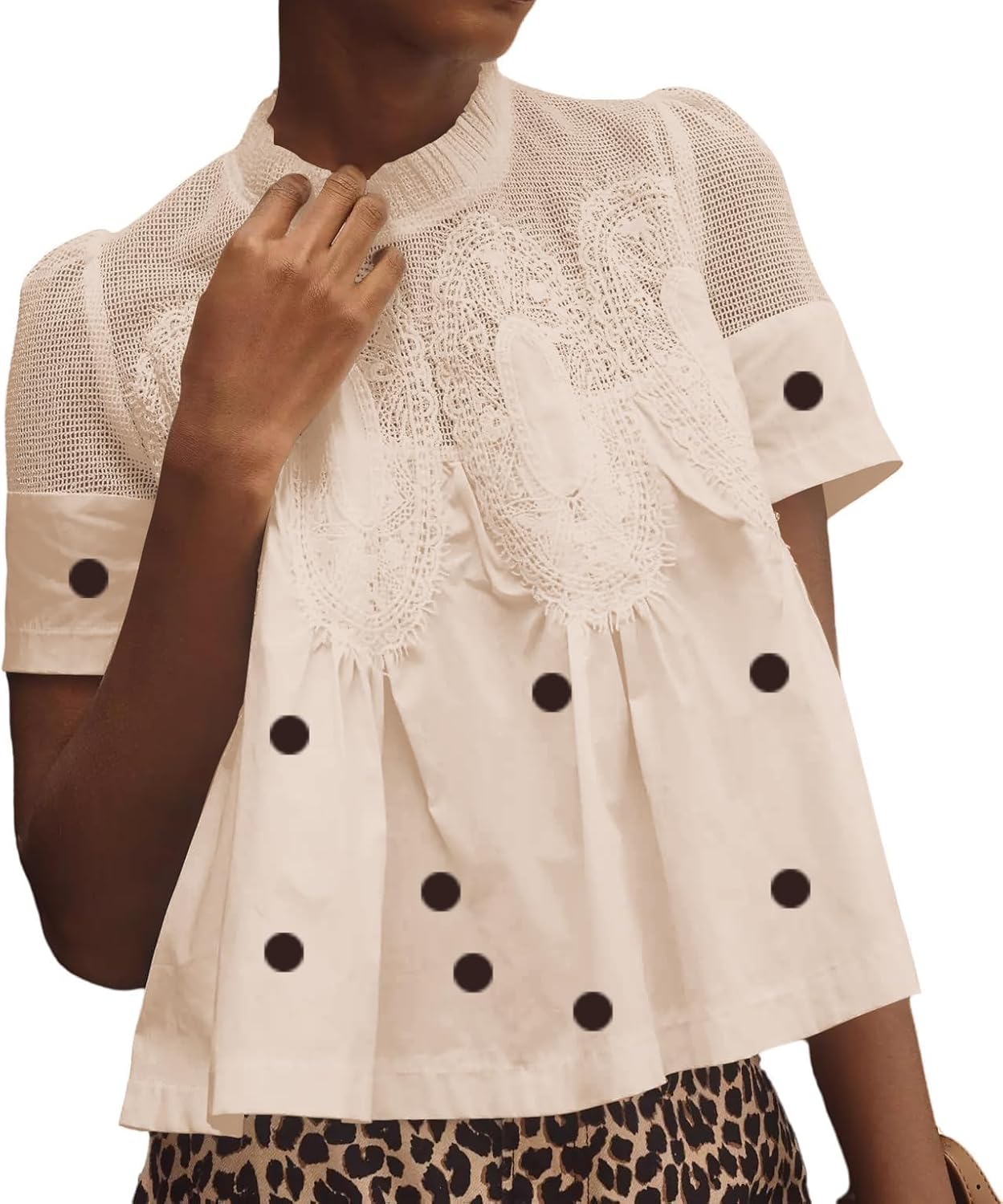 Women Swing Lace Blouse Summer Mock Neck Puff Short Sleeve Mesh Tops See Through A-Line Pleated Shirts Babydoll Top