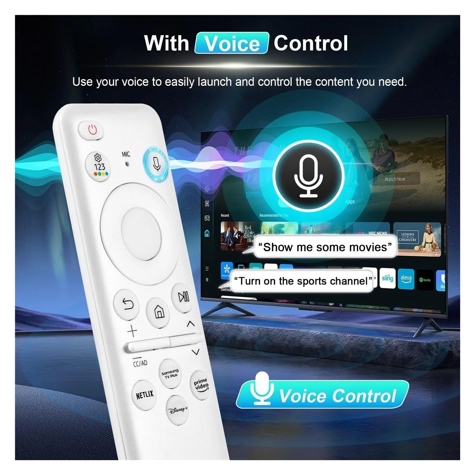 1 Mando a Distancia for TV | BN59-01455A Control remoto por voz solar for con celda recargable Bluetooth apta para(BN59-01455A-Solar-W)