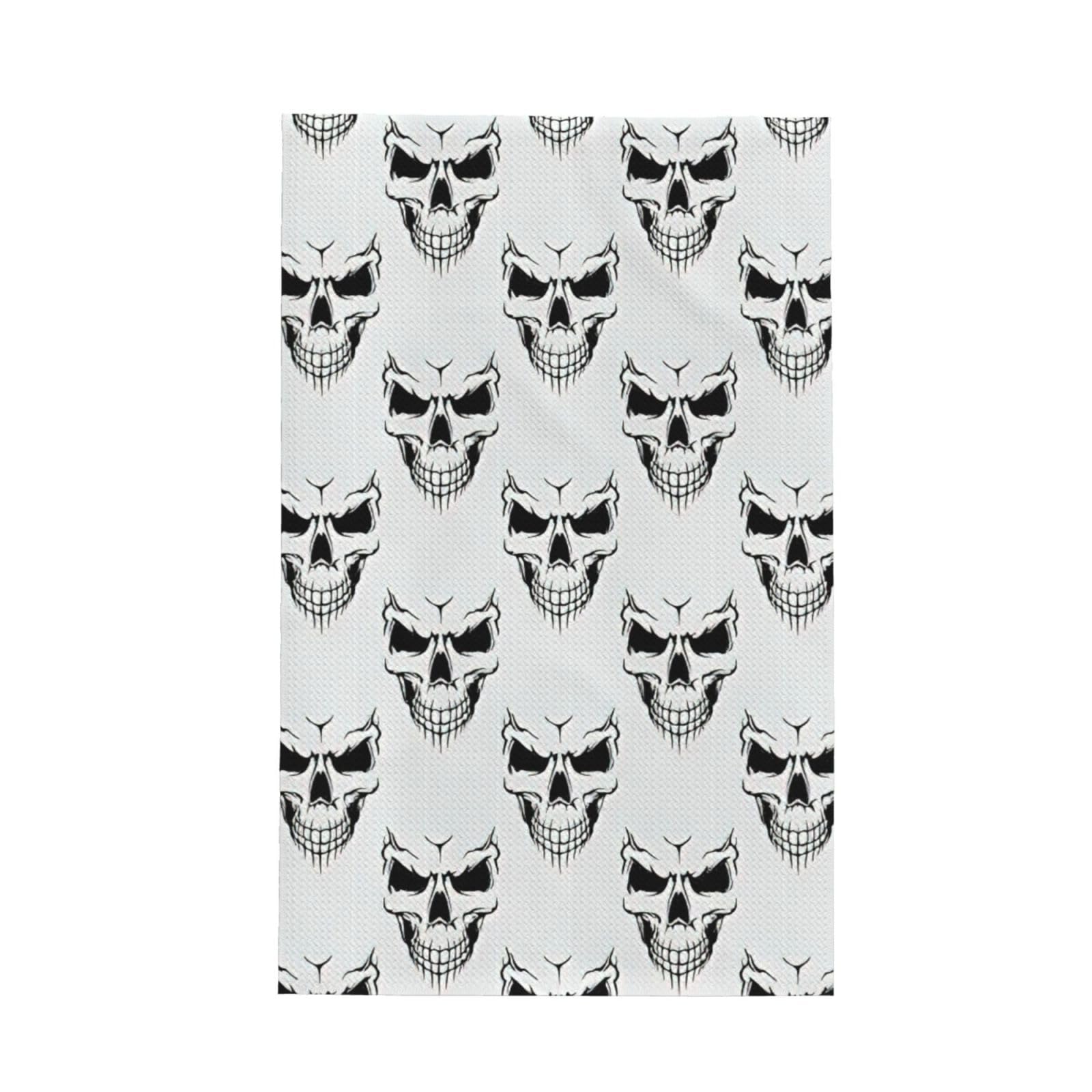 CKGODGF Halloween Themed Monochrome Skeleton Head Print Absorbent Waffle Dishcloths,Kitchen Towels With Hanging Loops,Tea Towels.
