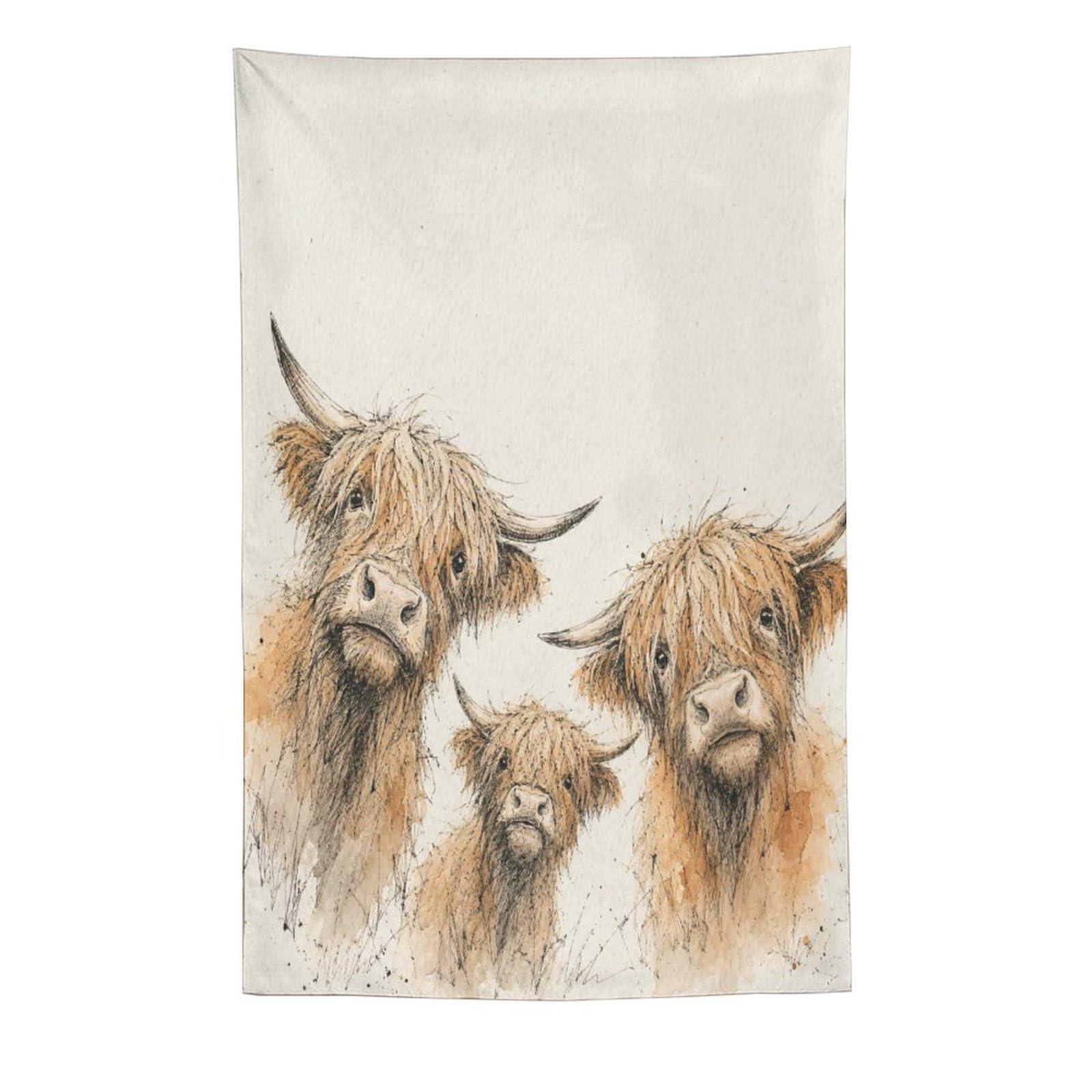 W7C8U2X3 Highland Cow Family Wall Tapestry, Watercolor, Rustic Animals