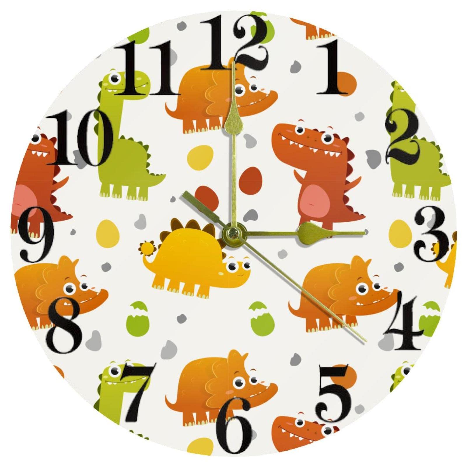 Horloge murale dinosaure colorée de 25,4 cm ronde et silencieuse pour chambre d'enfant