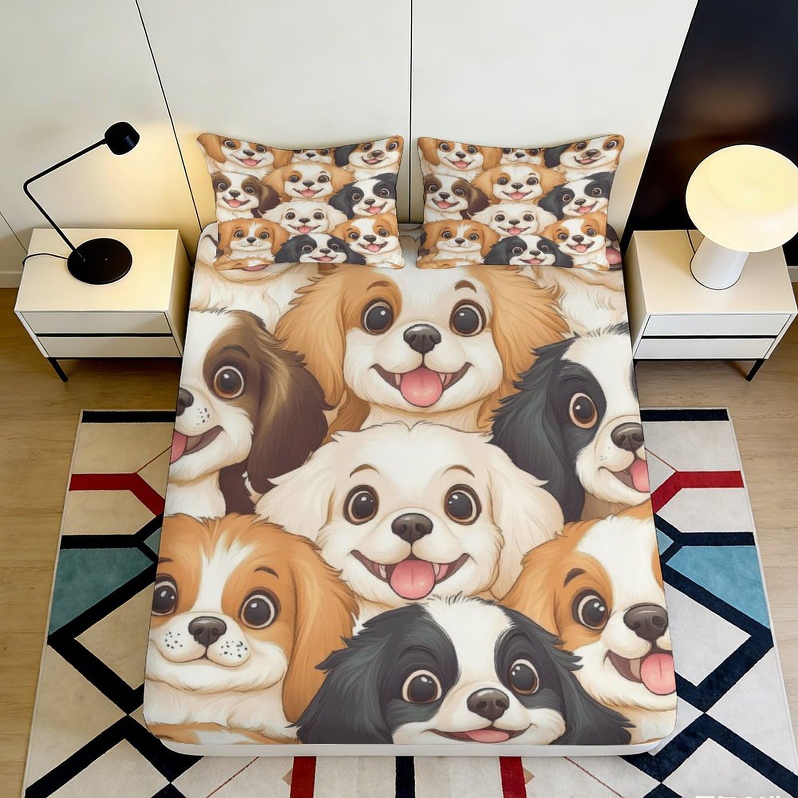 3D Printed Cute Dog Pattern Fitted Sheet Microfiber Soft Breathable Cartoon Puppy Bed Cover for Bedroom Dormitory Guest Room Mattress Protection 160x200x25cm