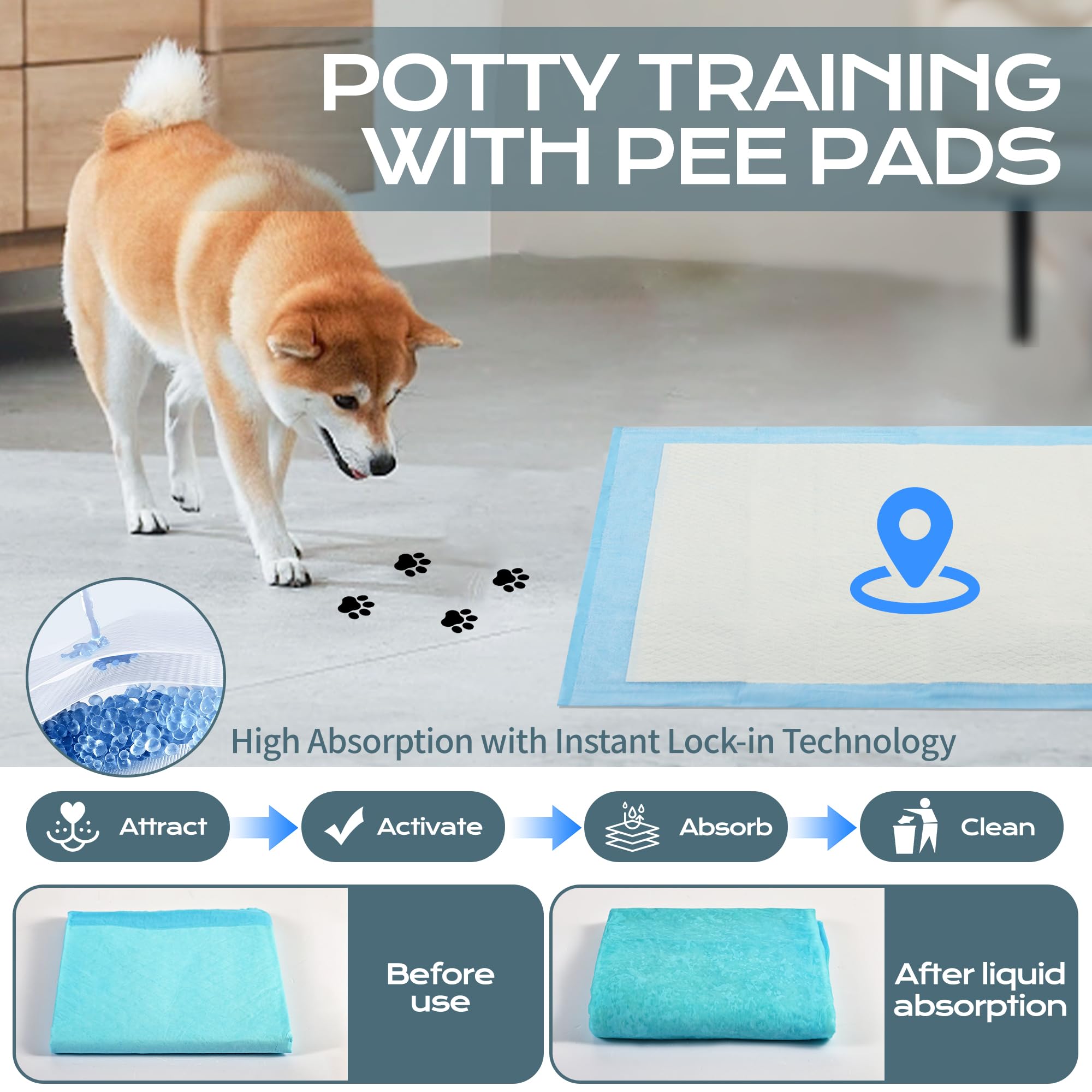 PIPI Matten für Hunde, 100 Stück Trainingspads, Wickelunterlagen Einweg 60X60cm, Einmalunterlagen, Auslaufsicheres 6-Lagiges Design,Welpen Unterlagen Für Welpen,Seniorenhunde,Lnkontinenzpflege