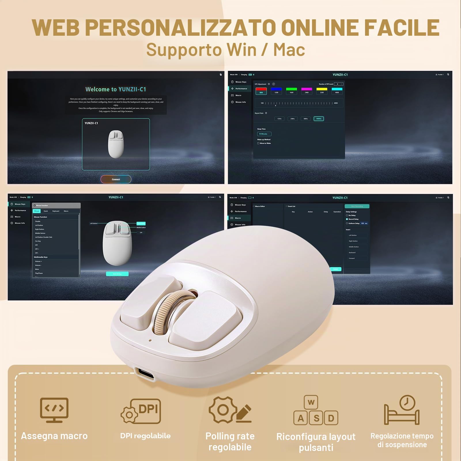 YUNZII C1 Mouse Wireless Silicone Senza Fili (Beige) | 6 Livelli Fino a 4800 DPI, Tri-Mode 2.4G/Bluetooth/Type-C, 500 mAh, Tracciamento Ottico, Mouse per Laptop, Mac, iPad, PC