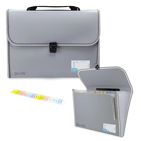GLUN® 13 Pocket Expanding File Folder with Handle, Buckle Closure & Label Index for A4/Foolscap/Legal Size Documents – Portable Accordion File Organiser (Grey)
