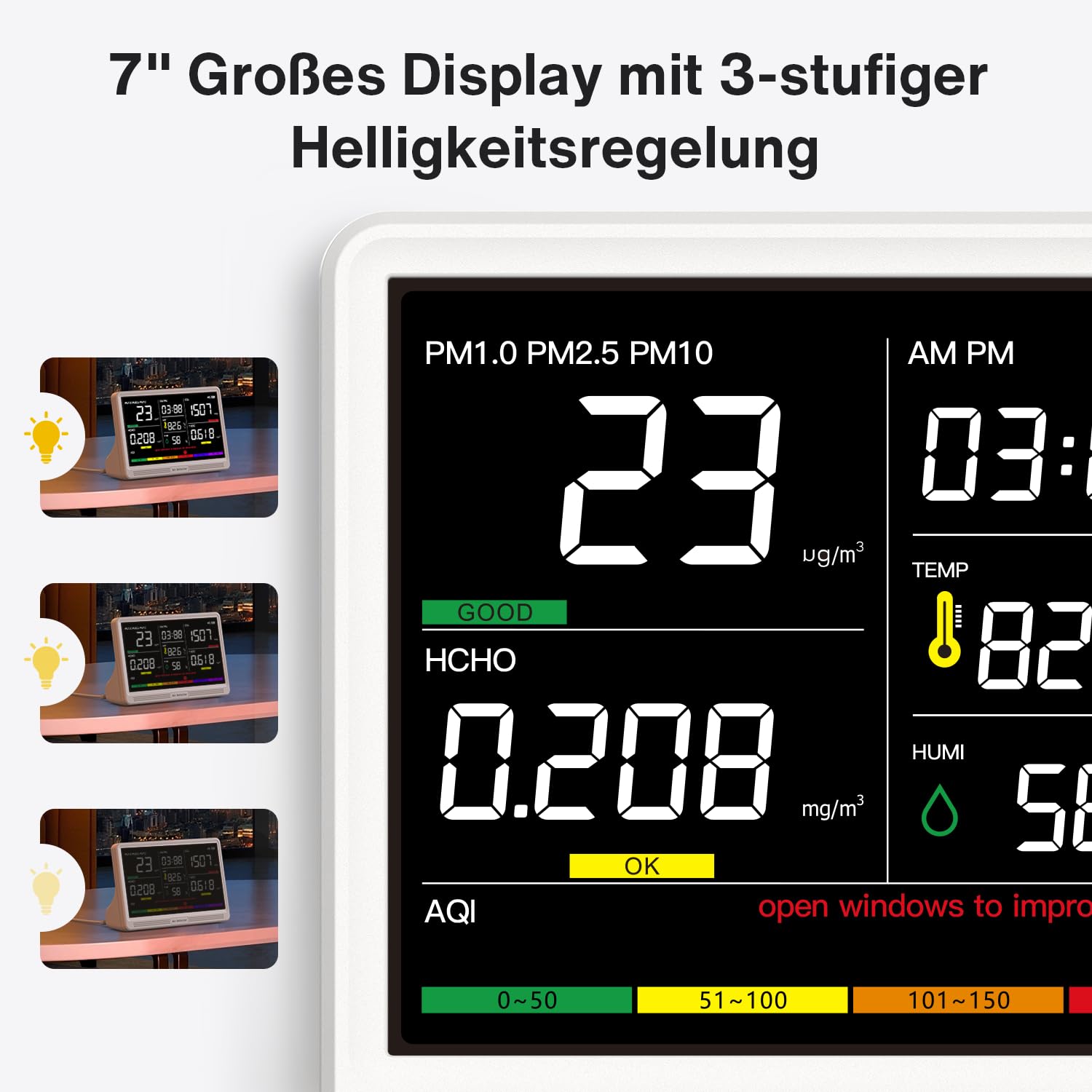 bonoch 16 en 1 Appareil de Mesure de la Qualité de l'Air Écran 7" – 9 Paramètres AQI + 7 Alertes – Détecteur de COV, CO2, PM2.5 PM1.0 PM10, HCHO (Air Quality Monitor) Température, Humidité, AQI, Heure