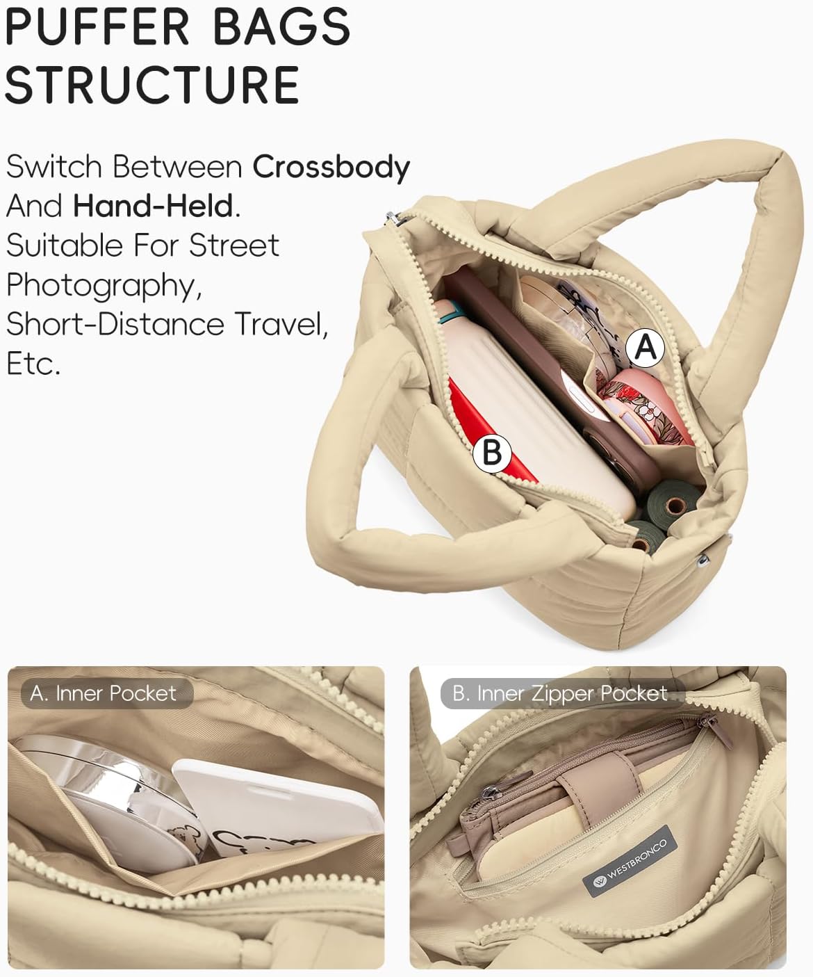 WESTBRONCO Small Puffer Crossbody Bags for Women Mini Tote Bag, Puffy Nylon Shoulder Purse, Womens Quilted Handbags - Image 3