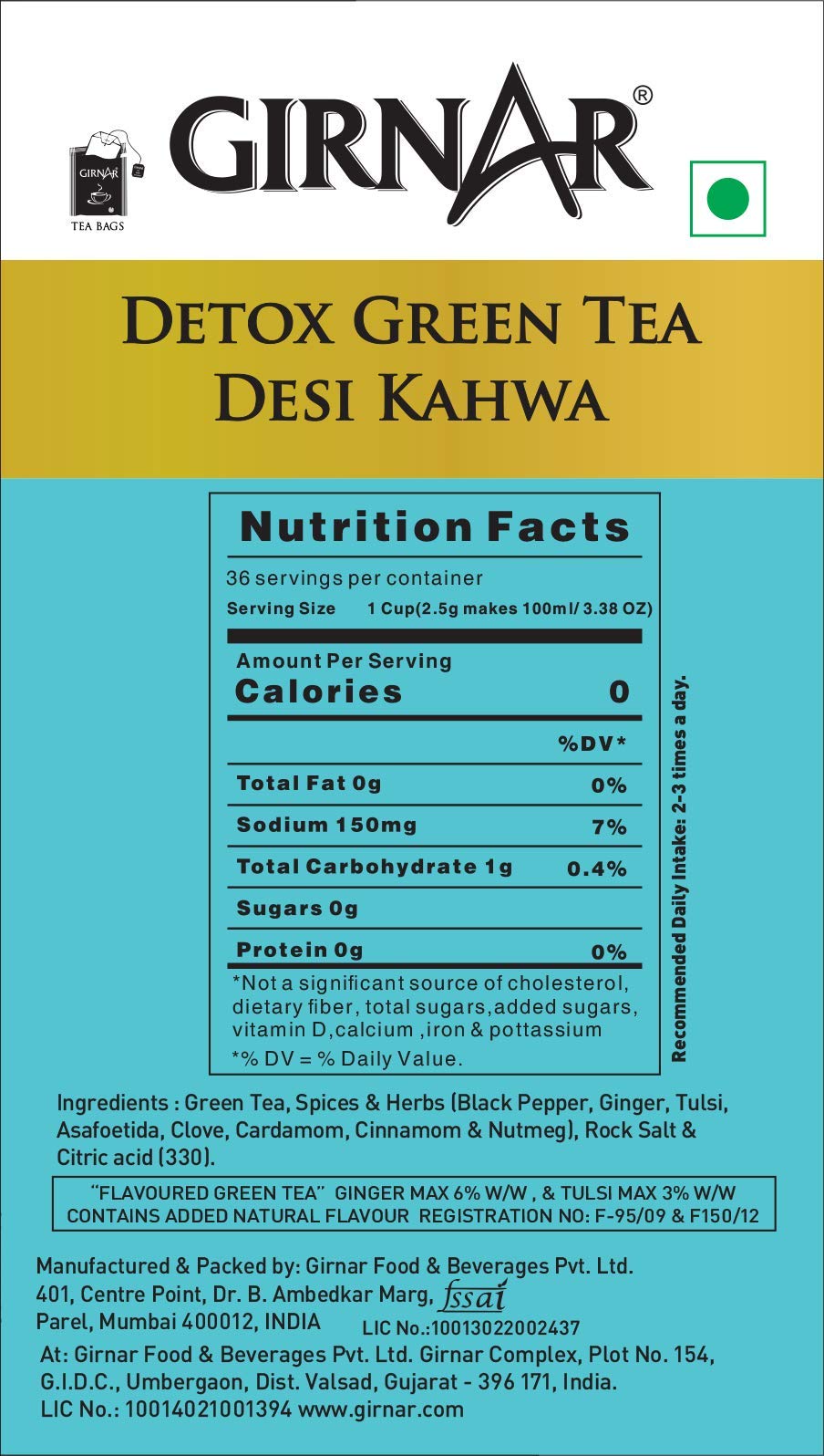 Girnar Detox Green Tea, (36 Teabags) Buy Online in United Arab