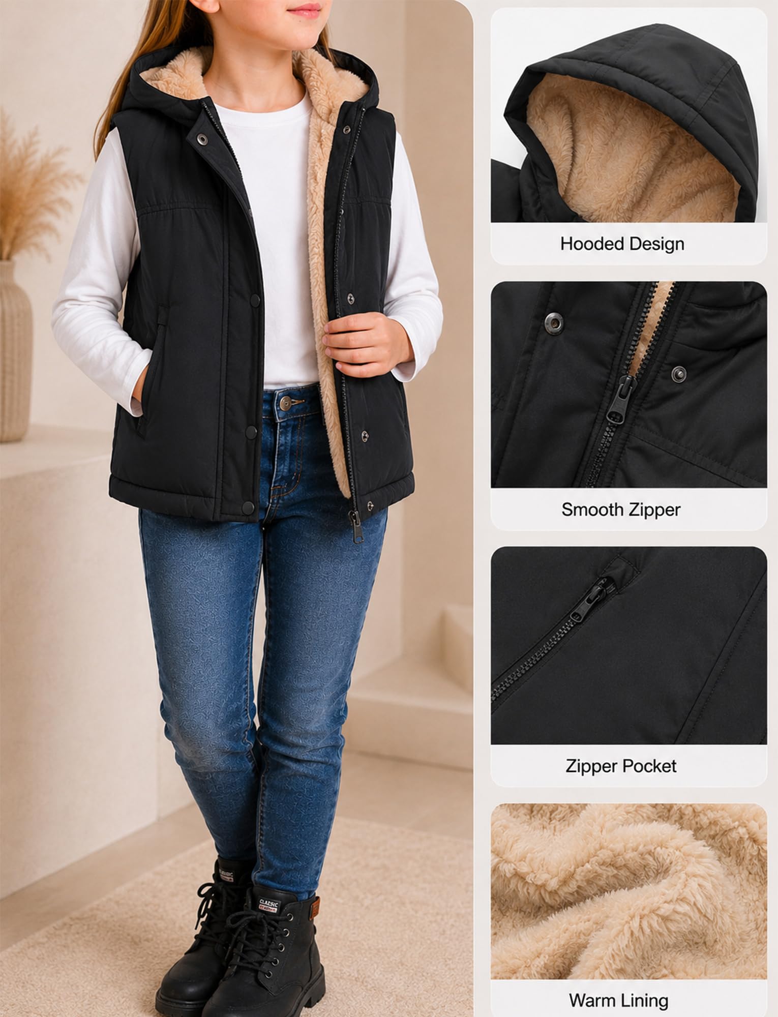 Gilet trapuntato per bambini e bambine, invernale, caldo, foderato in pile, giacca softshell con cappuccio, chiusura lampo, cappotto invernale antivento, senza maniche