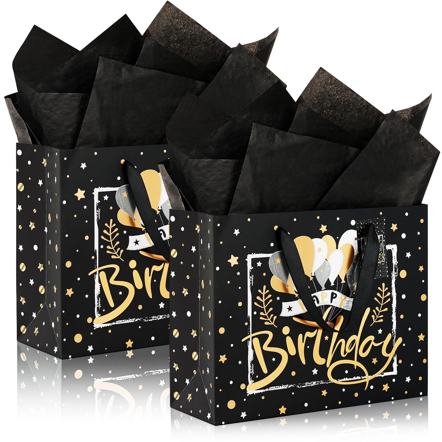 KESTAR Birthday Gift Bag Large, 2 PCS 13" Black and Gold Foil Gift Bags with Tissue Paper and Greeting Card, Happy Birthday Black Gift Bag for Men